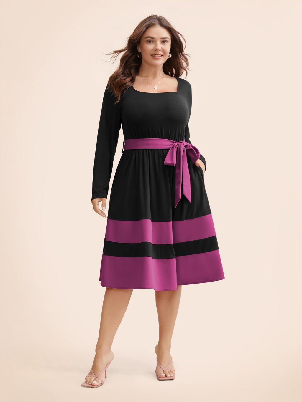 Two Tone Belted Bowknot Square Neck Dress