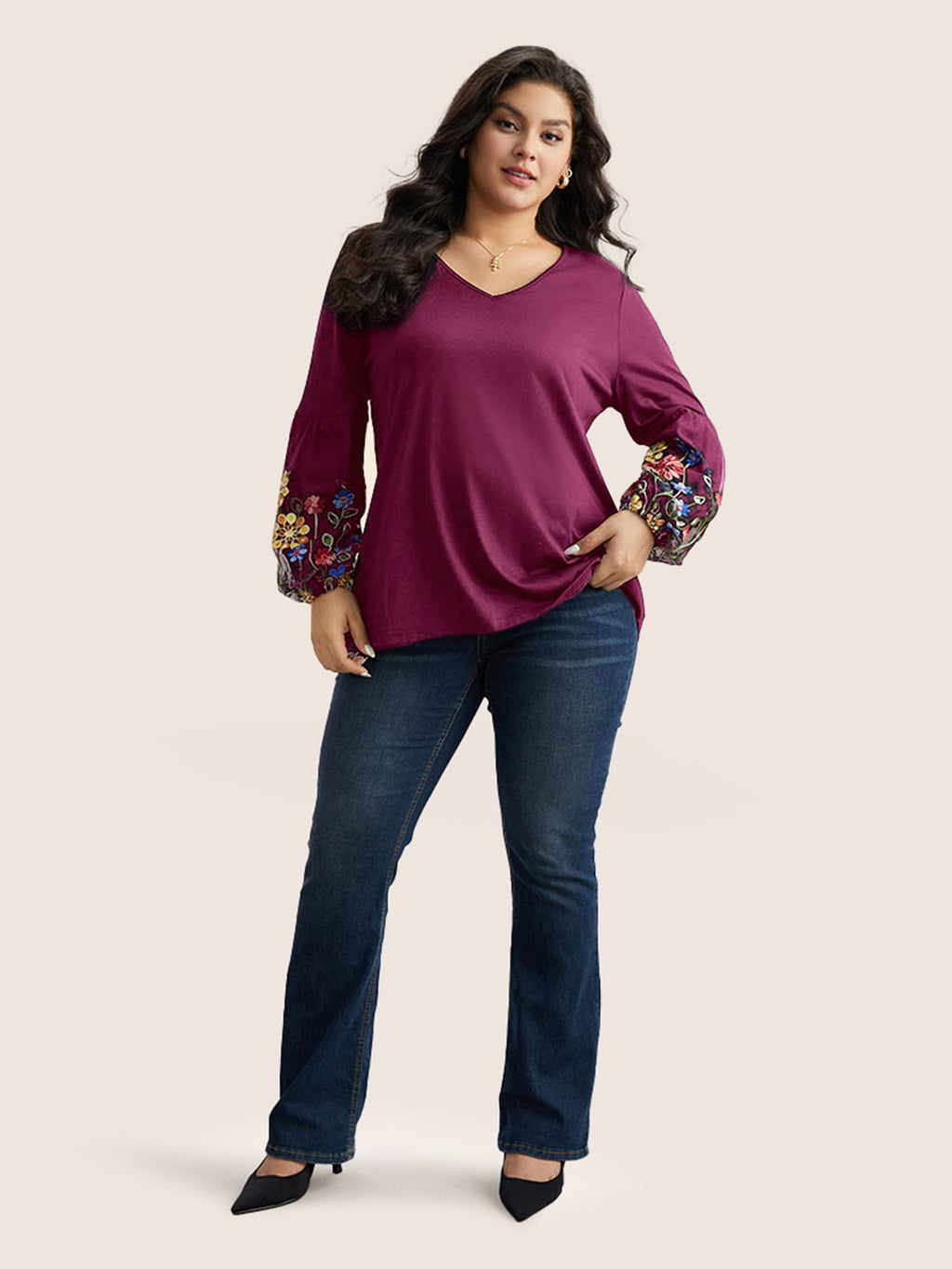 Floral Embroidered Lantern Sleeve T-shirt