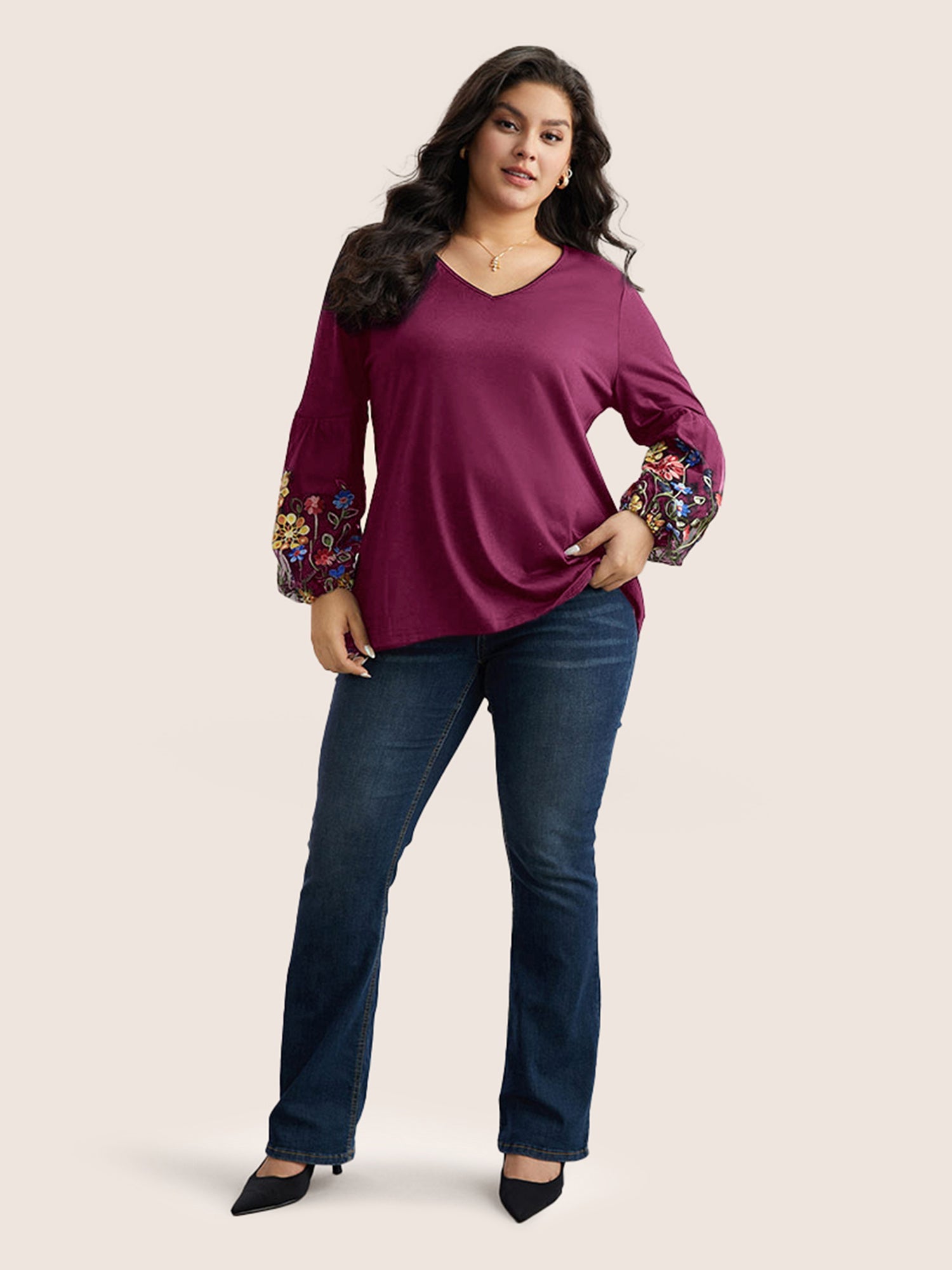 Floral Embroidered Lantern Sleeve T-shirt