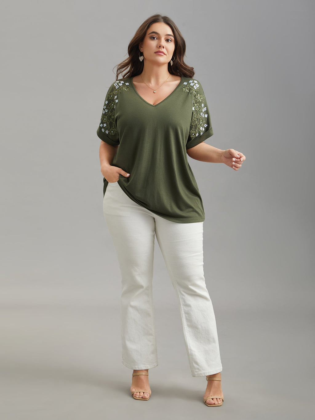 Stretchy Embroidered Drop Shoulder T-Shirt