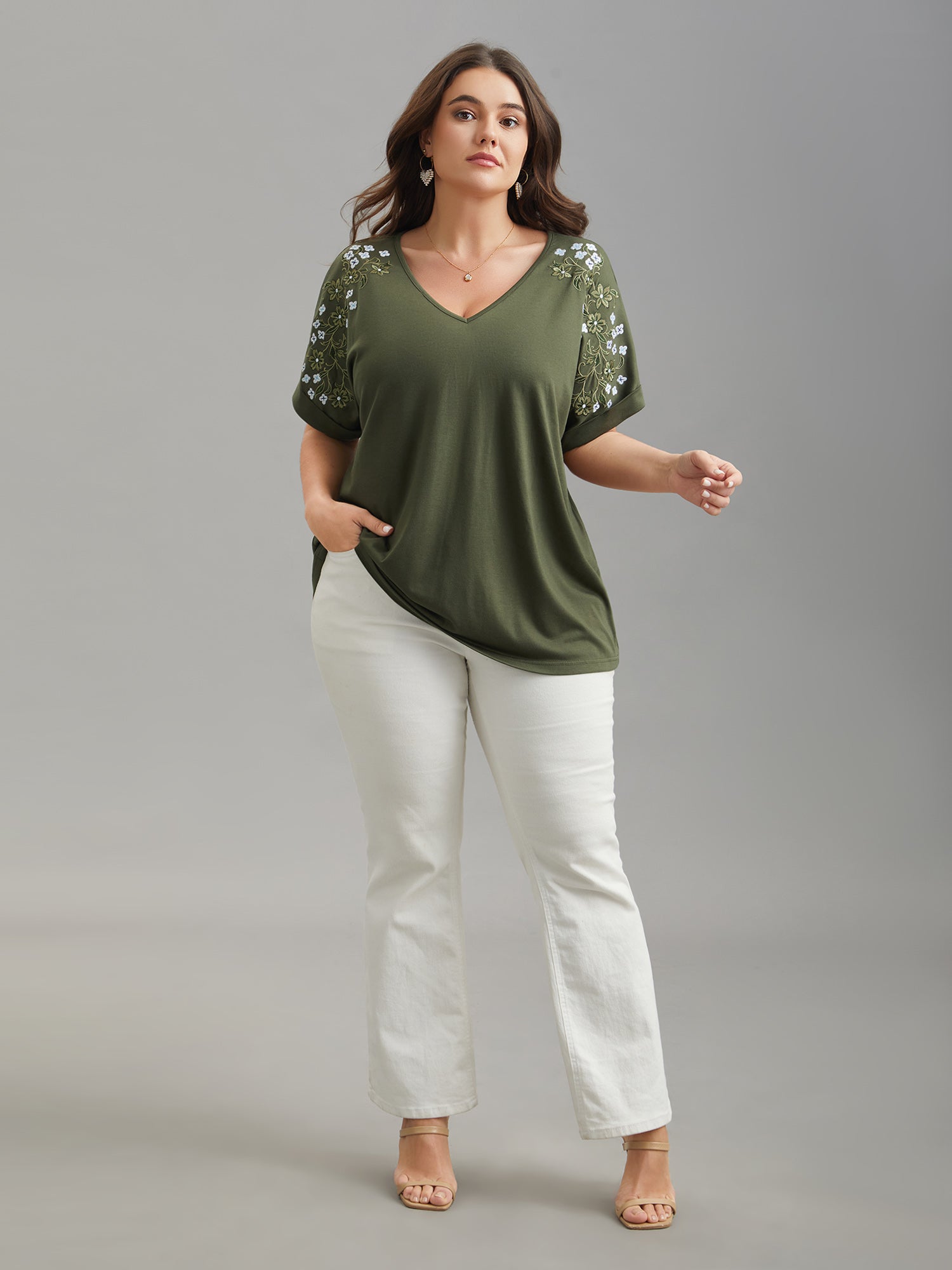 Stretchy Embroidered Drop Shoulder T-Shirt