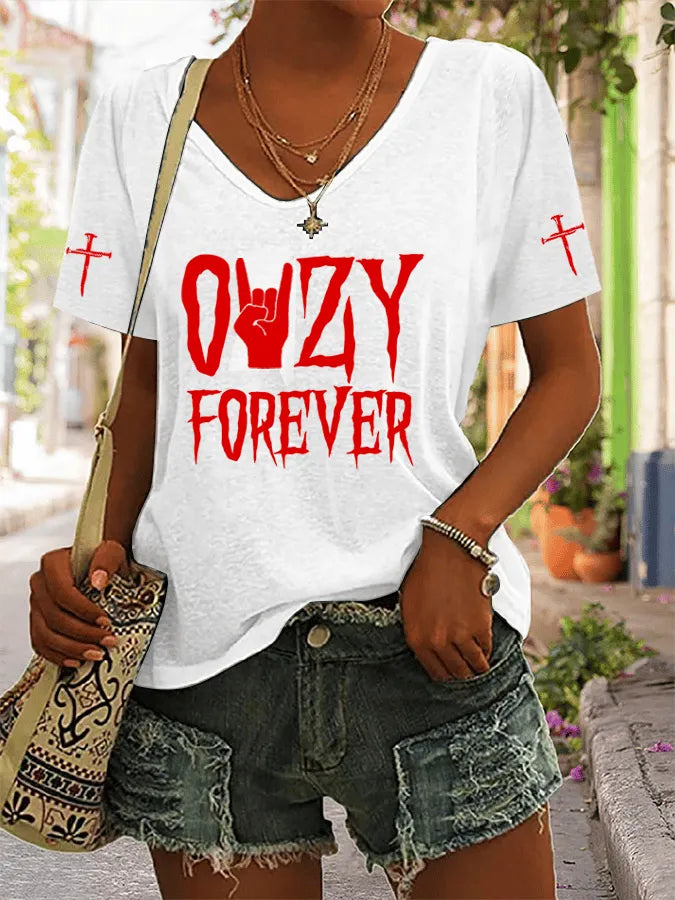 Women's Rock Legend Memorial Print V-Neck T-Shirt