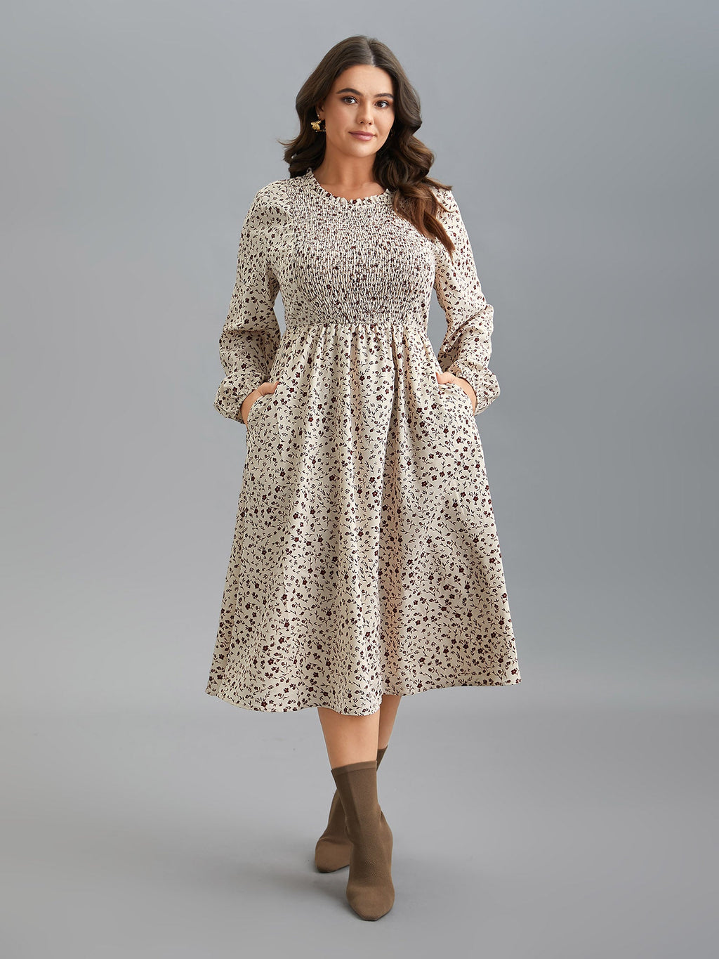 Stretchy-Waist Printed Pockets Midi Dress