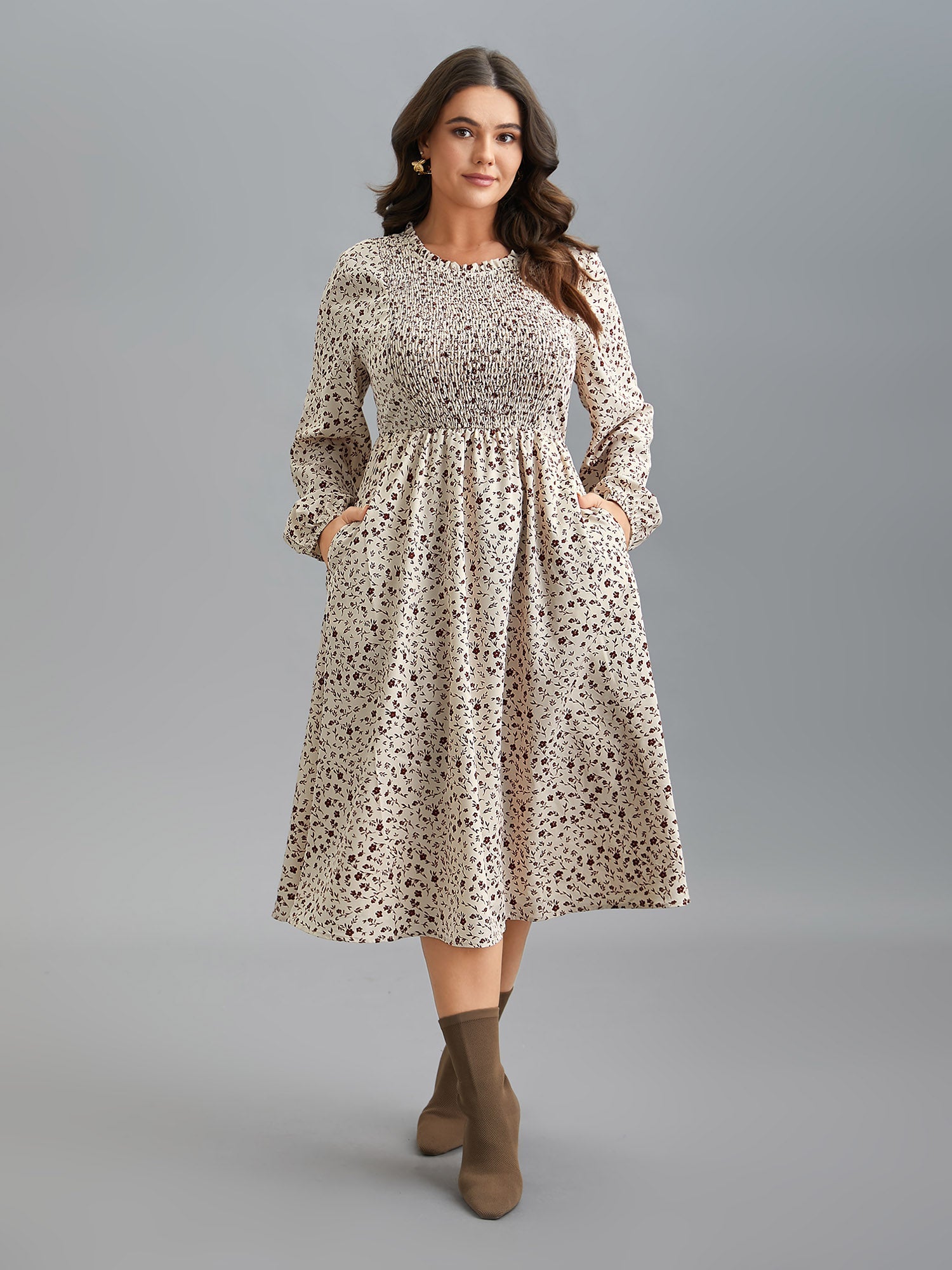 Stretchy-Waist Printed Pockets Midi Dress