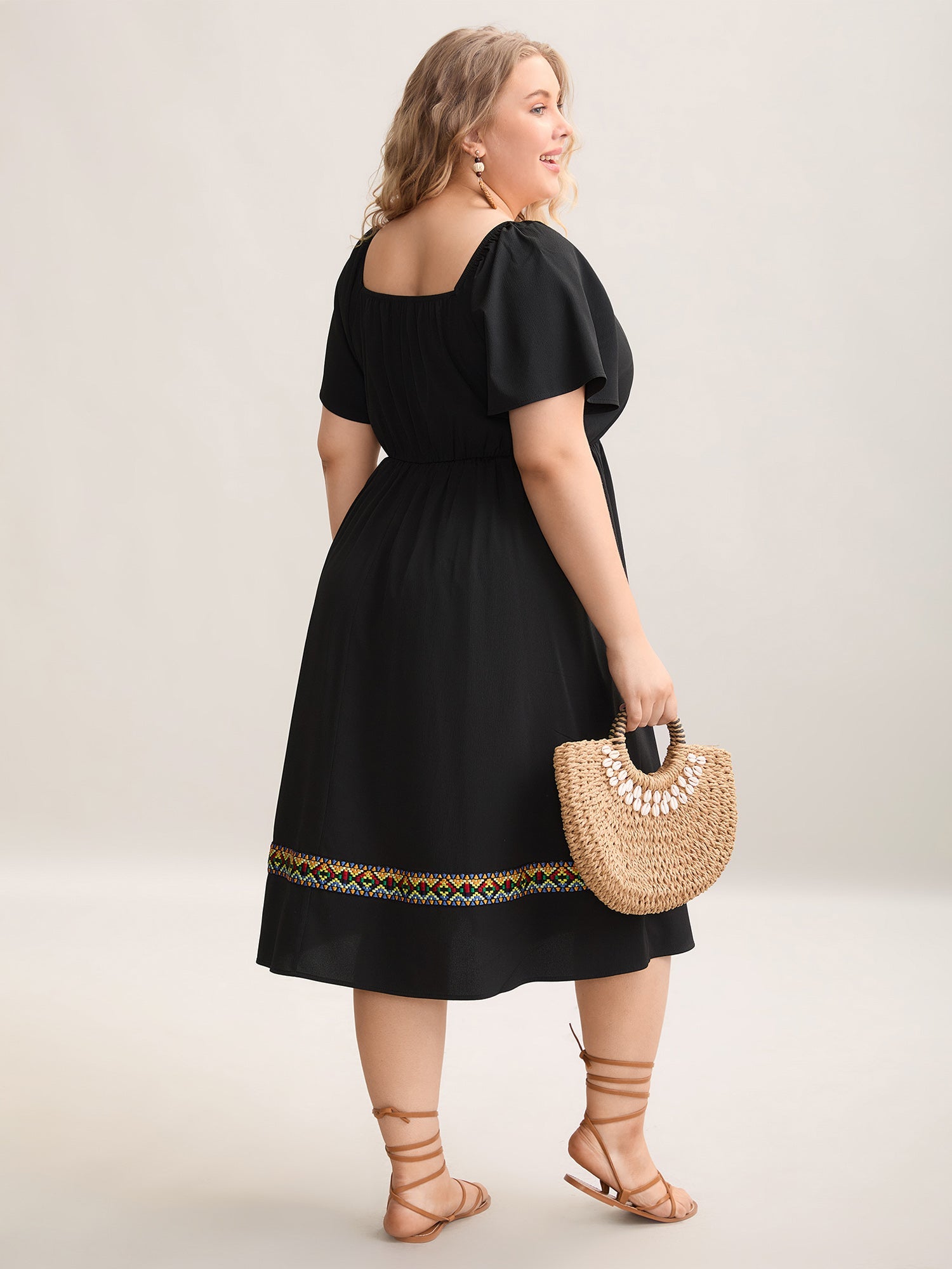 Textured Stretchy Waist Pockets Midi Dress