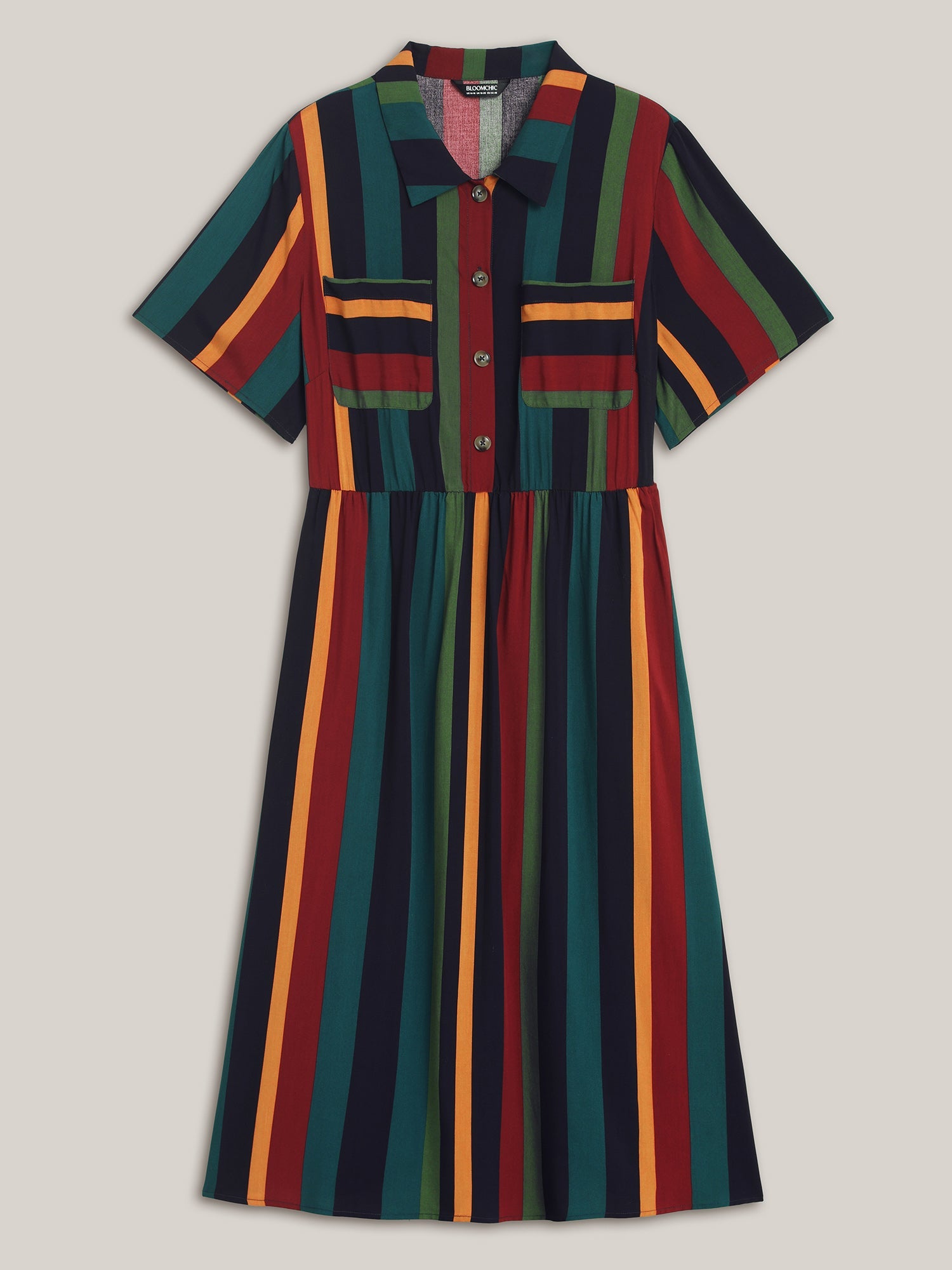 Multi-Color Striped Print Pockets Shirt Dress