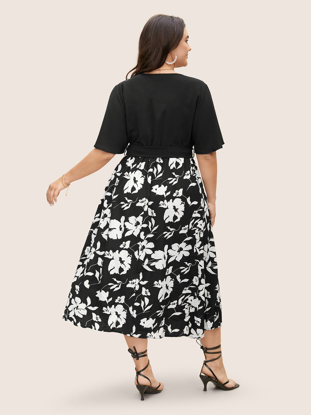 Floral Patchwork Pocket Belt Surplice Neck Ruffle Hem Dress