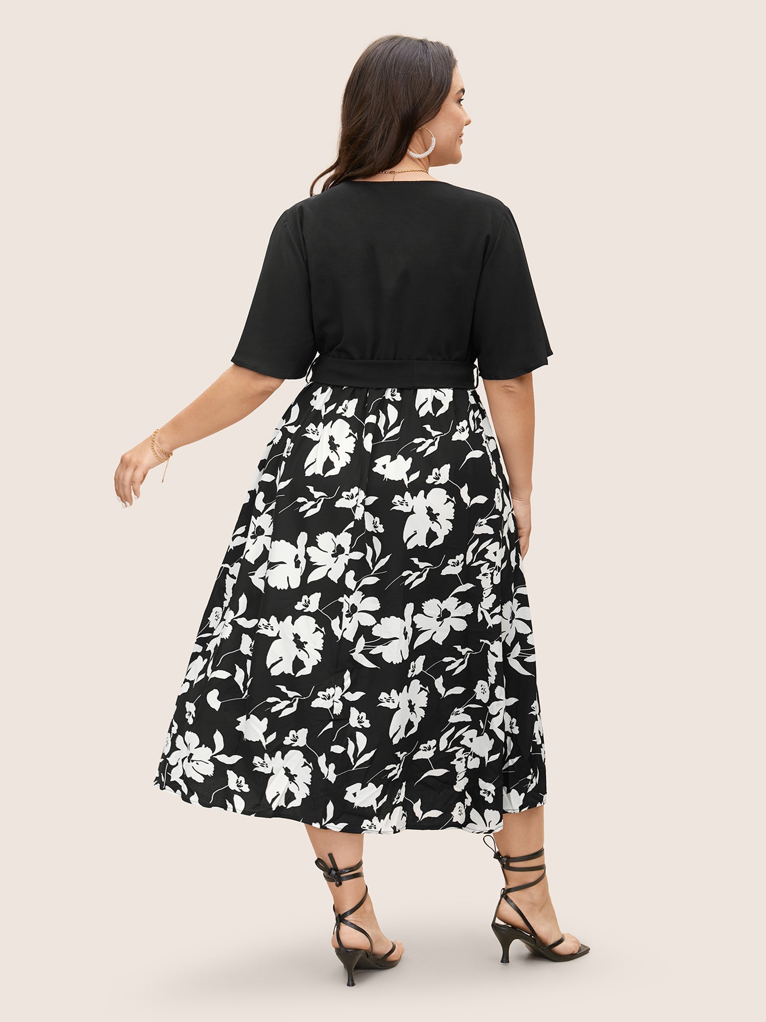 Floral Patchwork Pocket Belt Surplice Neck Ruffle Hem Dress