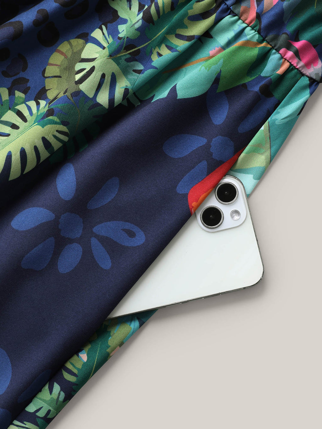 Tropical Pattern Surplice Pockets Midi Dress