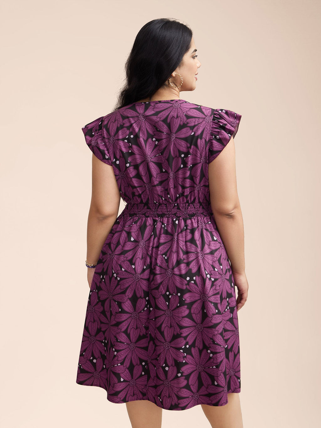 Surplice Neck Floral Shirred Elastic Waist Midi Dress