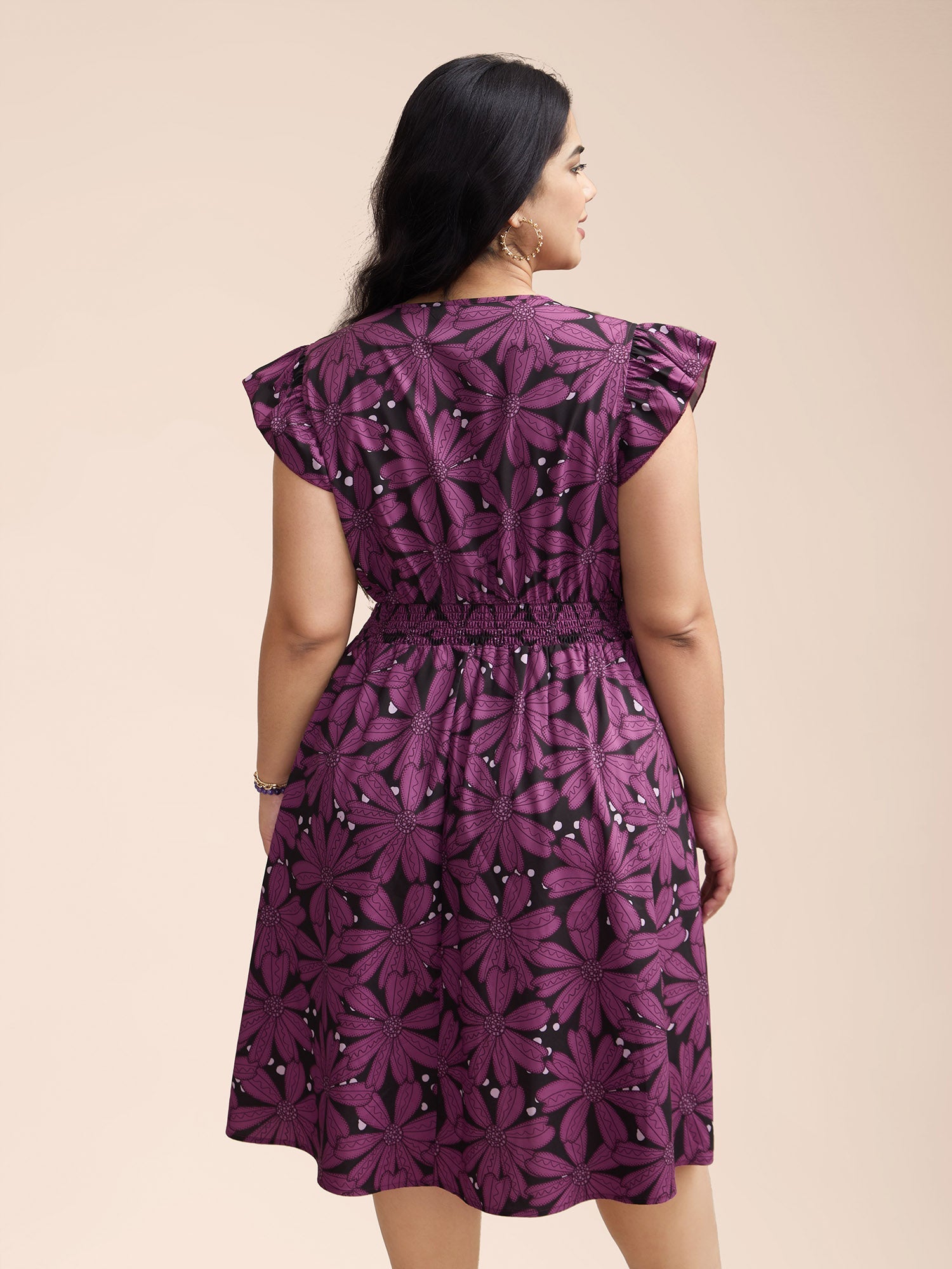 Surplice Neck Floral Shirred Elastic Waist Midi Dress