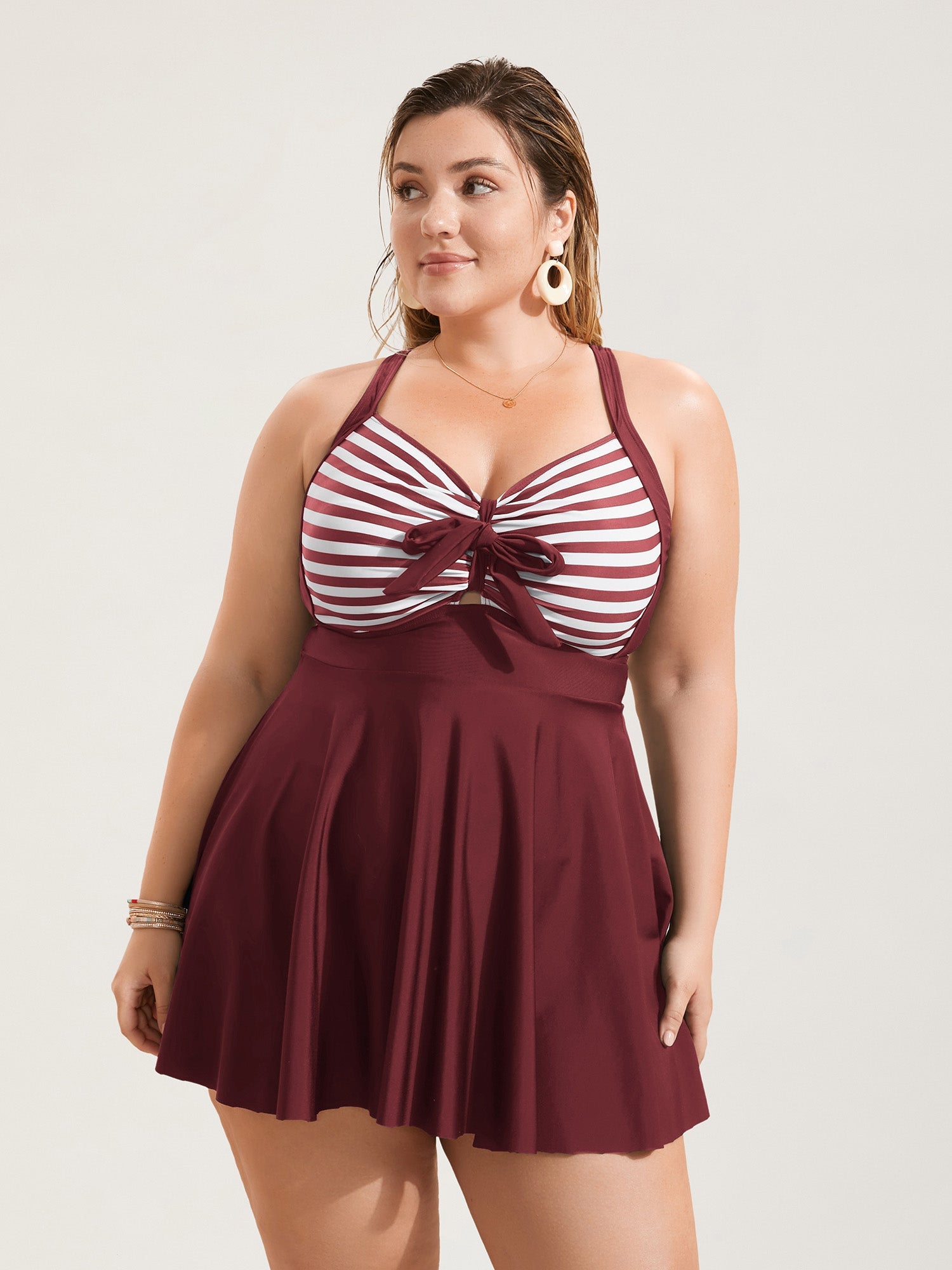 Stripes Patchwork Tie Knot Cross Straps Swim Dress