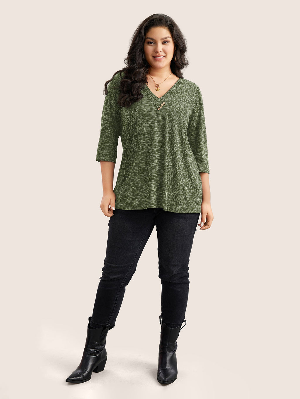 Heather Pleated Button Detail T-shirt