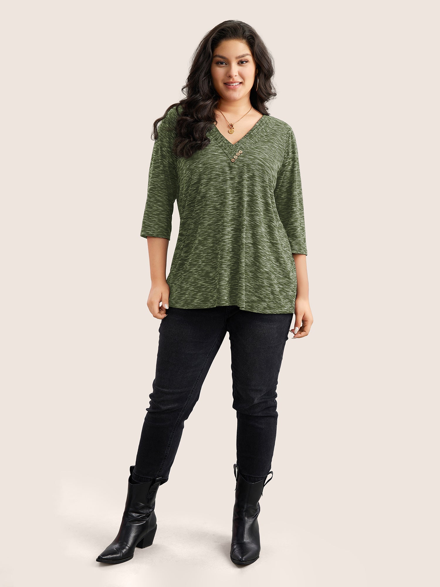 Heather Pleated Button Detail T-shirt