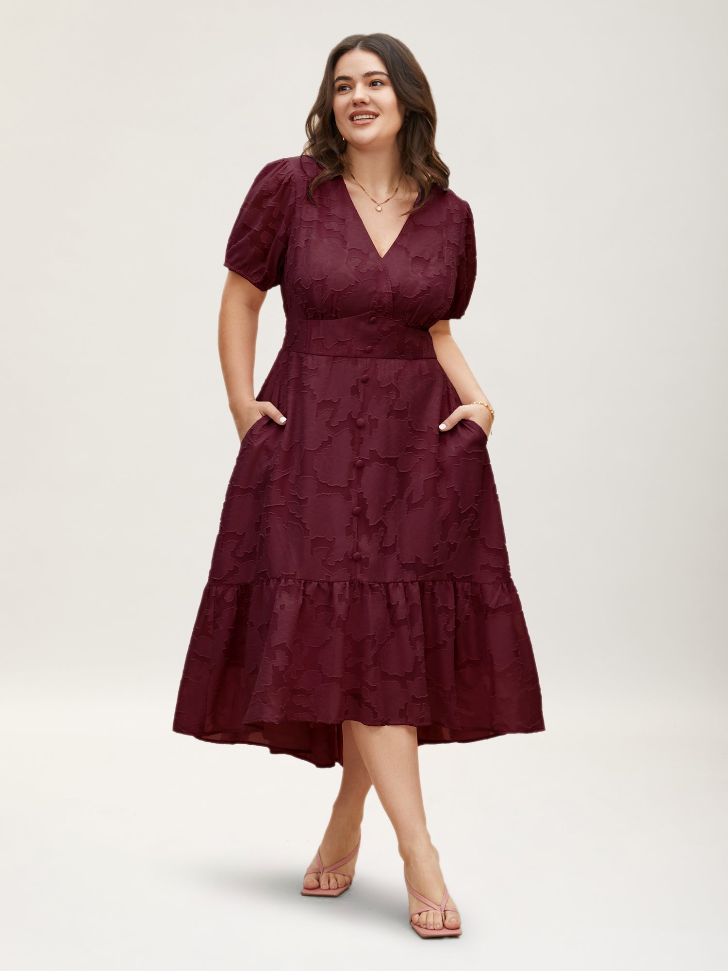 Solid Textured Lantern Sleeve Button Detail Dress