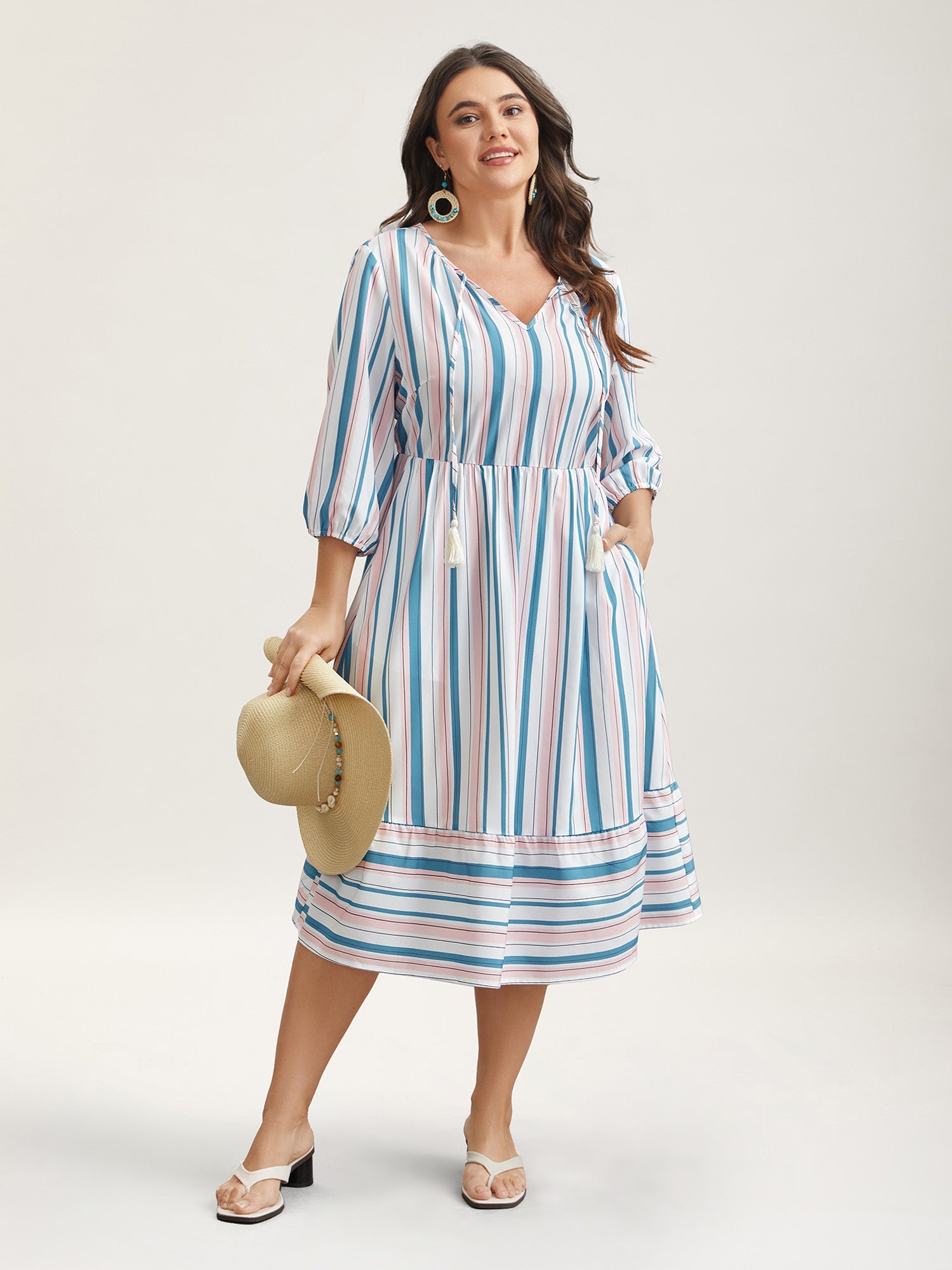 Stretchy Striped Tassels Tiered Midi Dress
