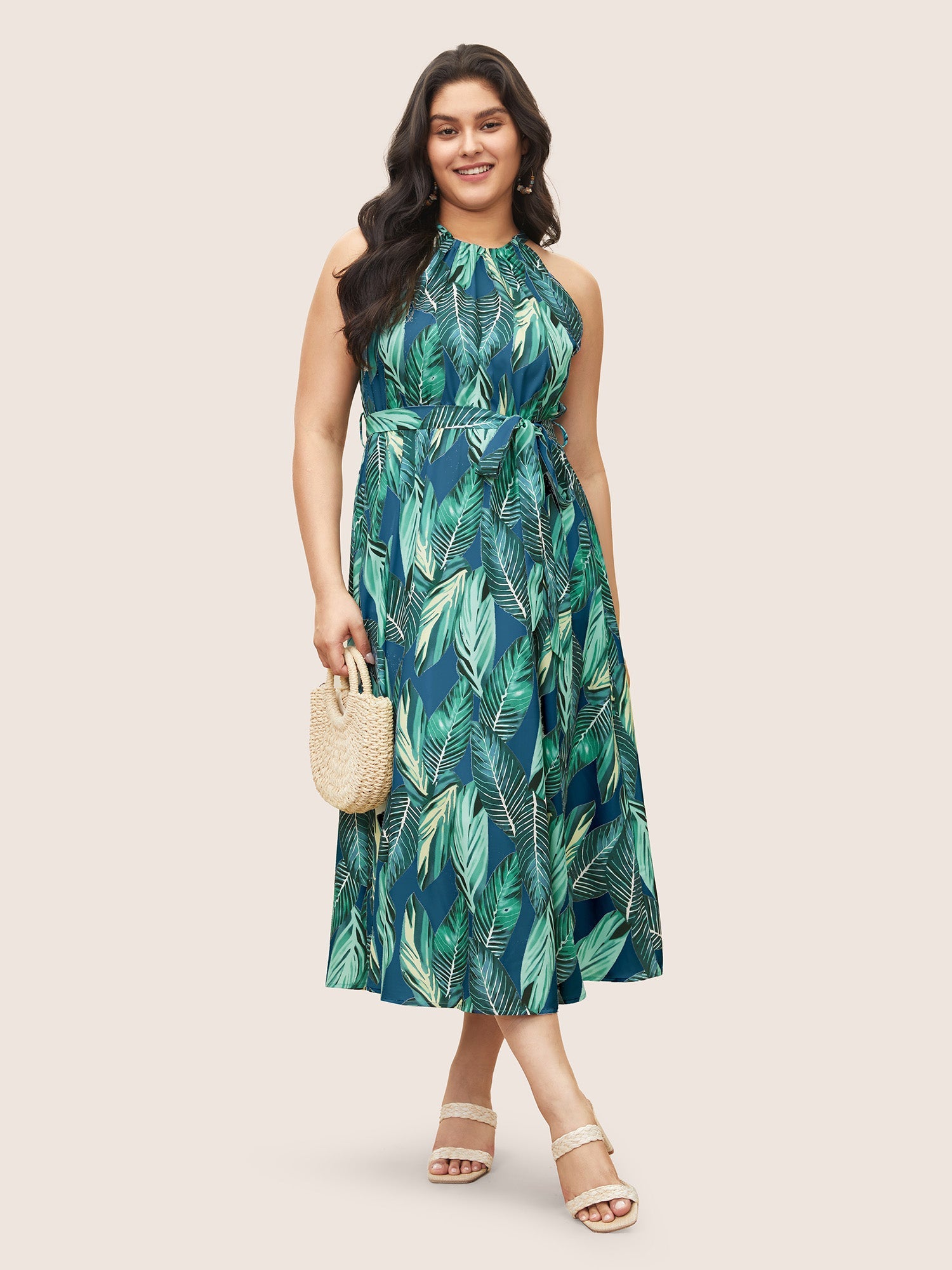 Tropical Print Knotted Pocket Ruffles Belted Halter Dress