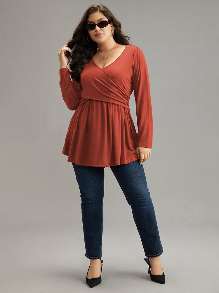 Solid Crossover V Neck Ruffle Hem T-shirt