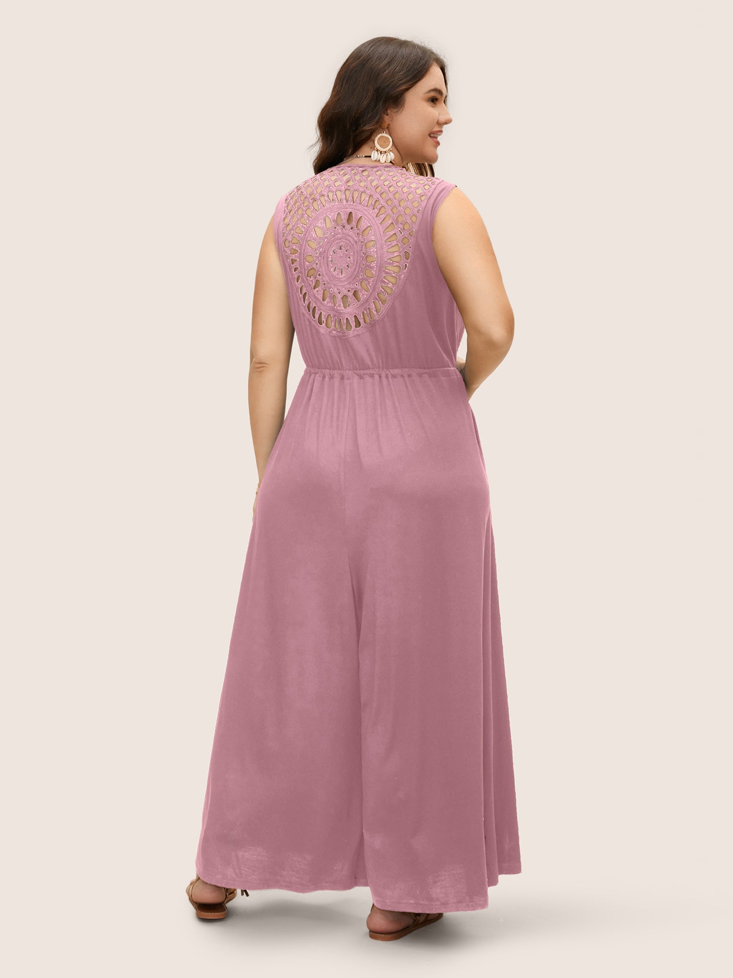 V Neck Crocheted Cut Out Jumpsuit