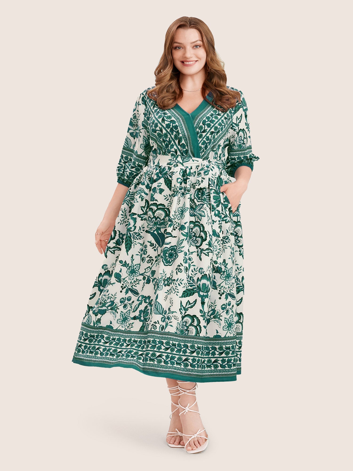 Bandana Print Surplice Neck Lantern Sleeve Pocket Belted Midi Dress