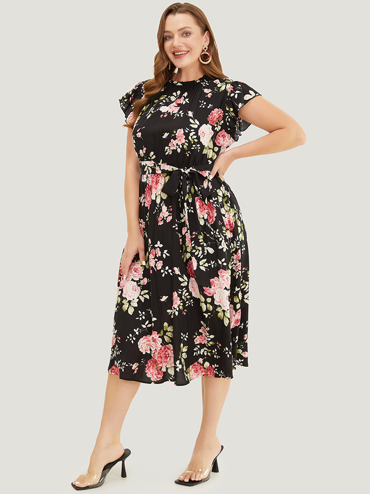 Floral Frill Trim Mock Neck Pocket Ruffle Belted Cap Sleeve Dress