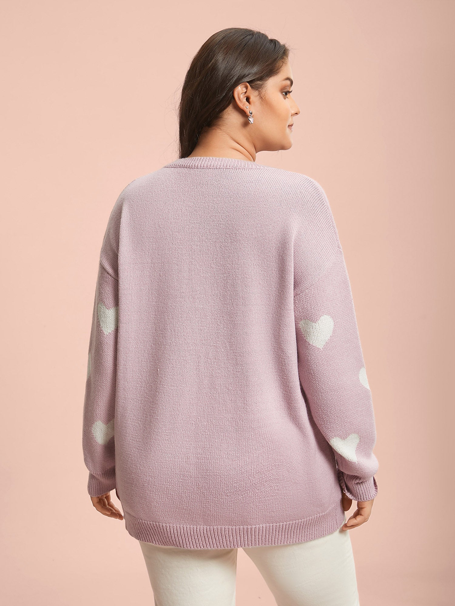 Heart Jacquard Contrast Ribbed Hem Pullover