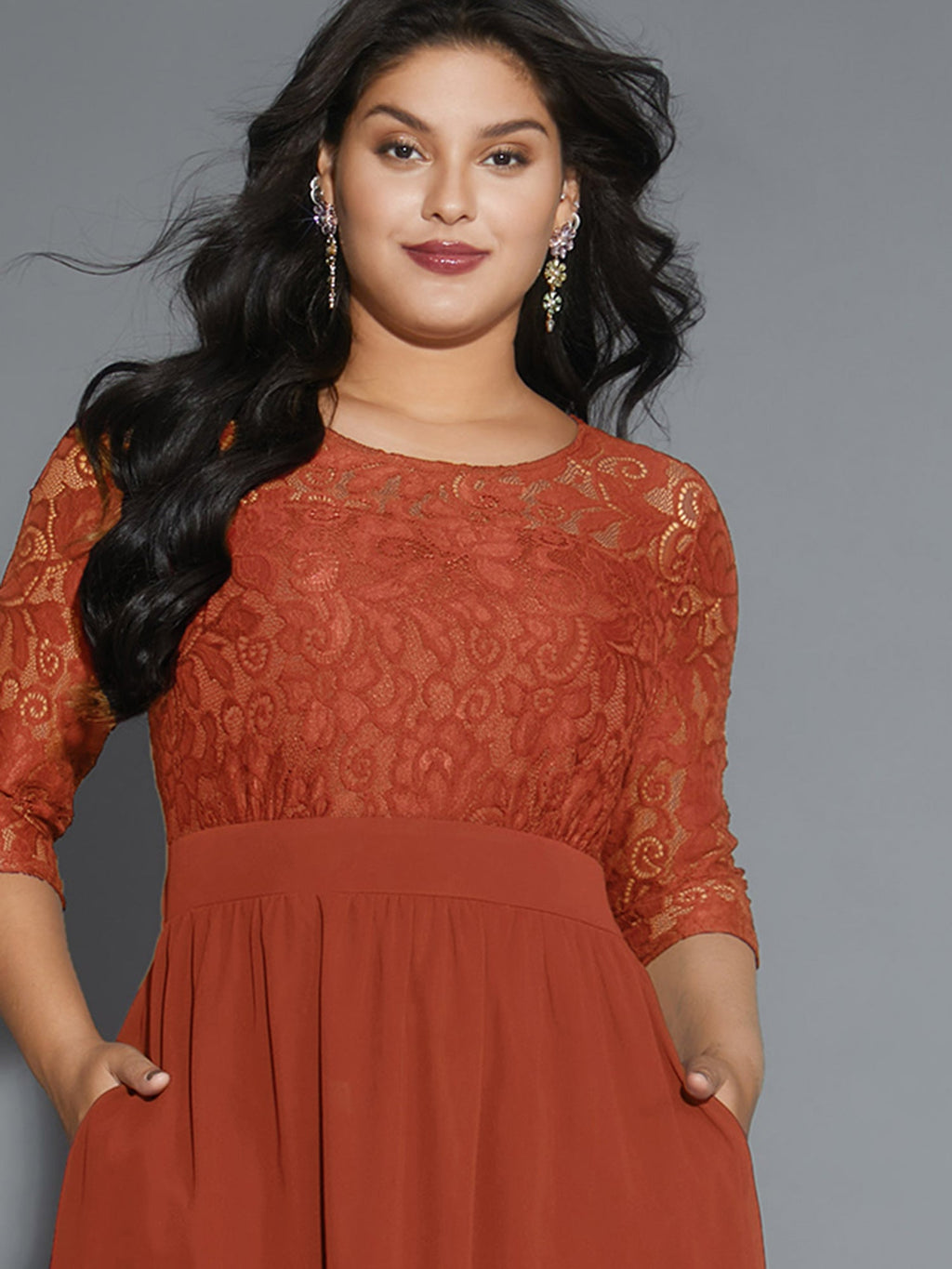 Lace Patchwork Shirred Midi Pocket Dress