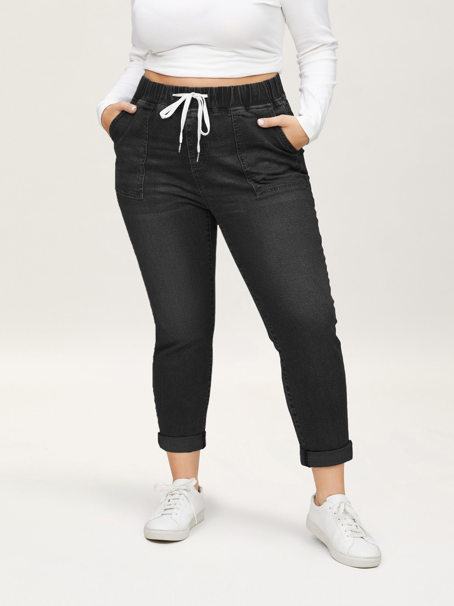 Drawstring Elastic Waist Roll Hem Jeans