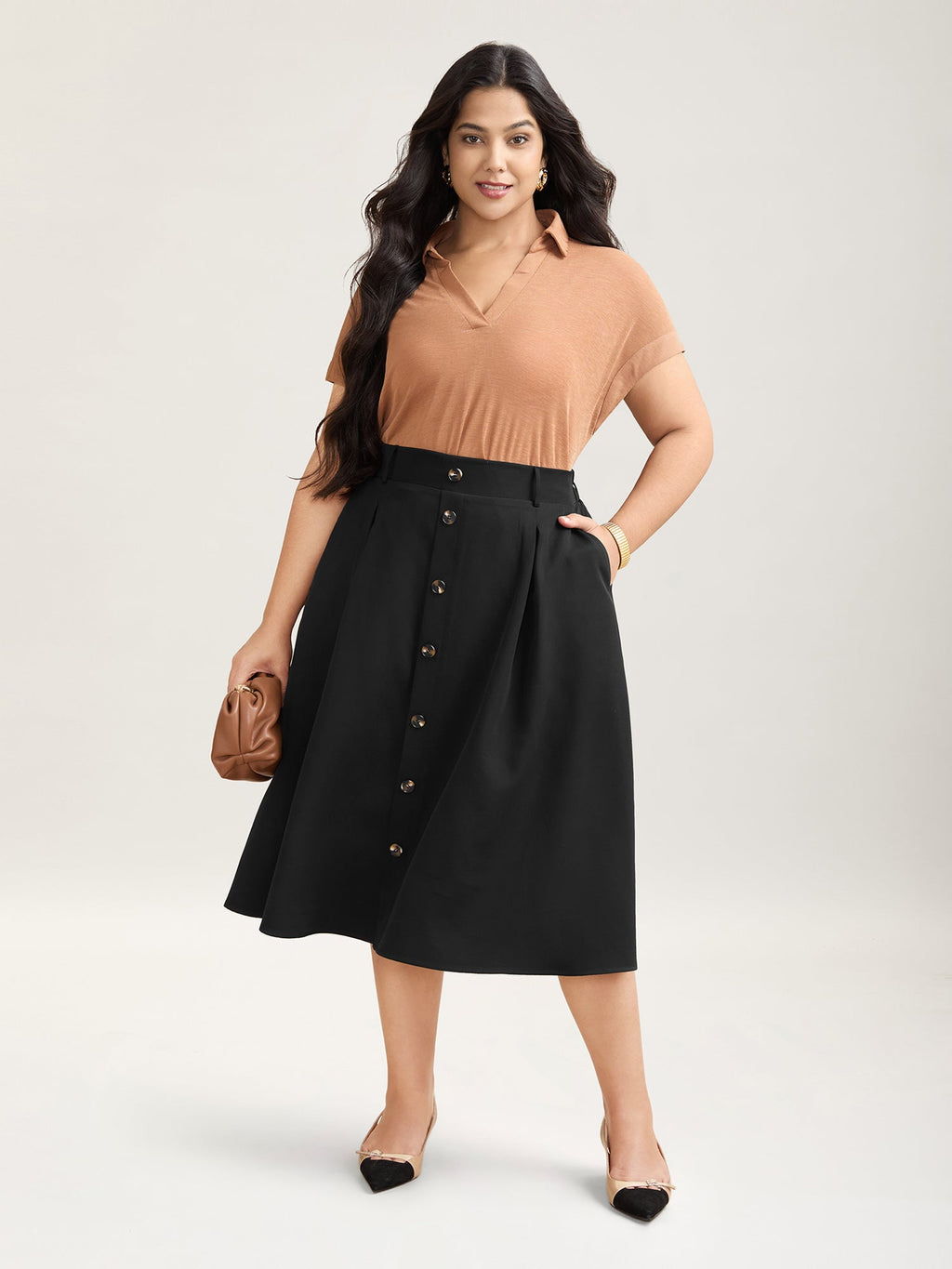 Buckled Button Front Pleated Midi Skirt