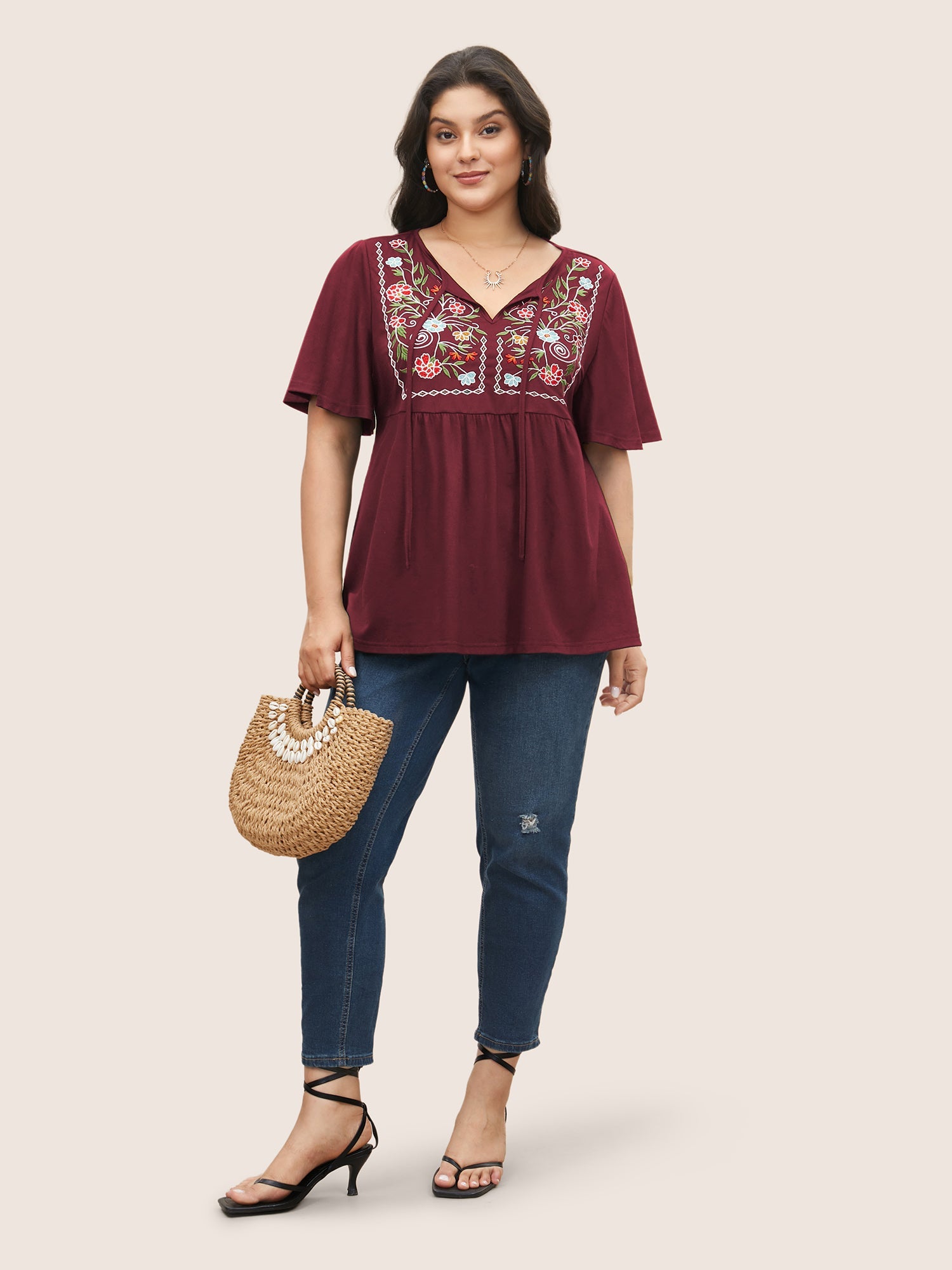 Floral Embroidered Tie Knot Gathered T-shirt