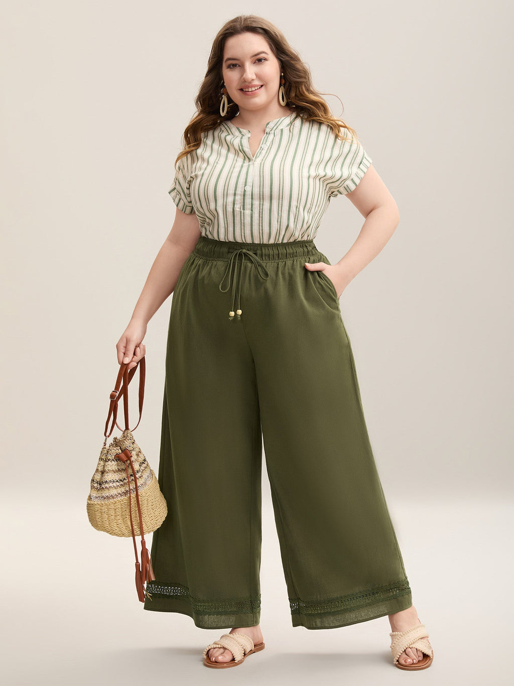 Drawstring Lace Detail Wide-Leg Pants