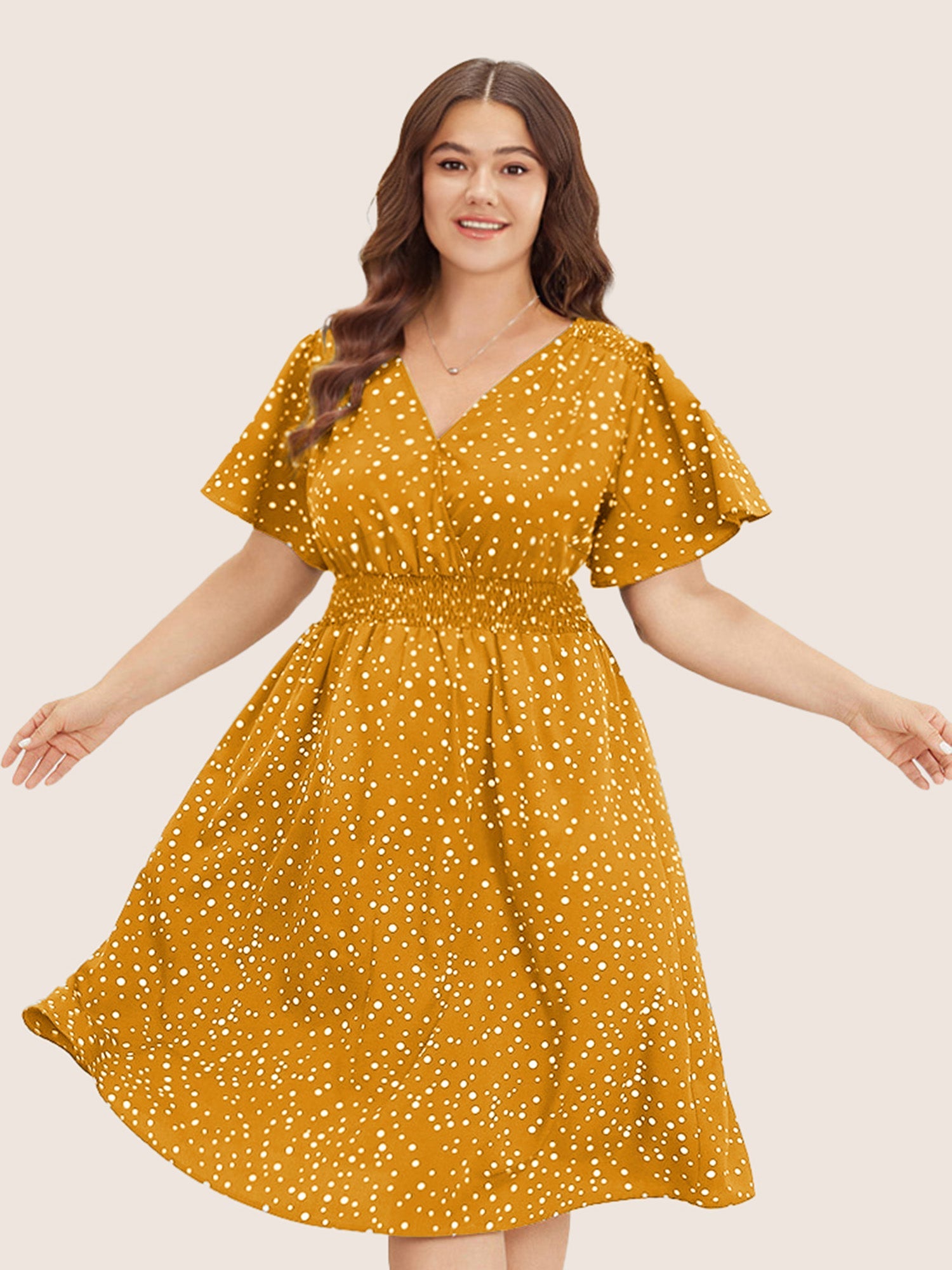Polka Dot Wrap Pocket Shirred Ruffle Sleeve Dress