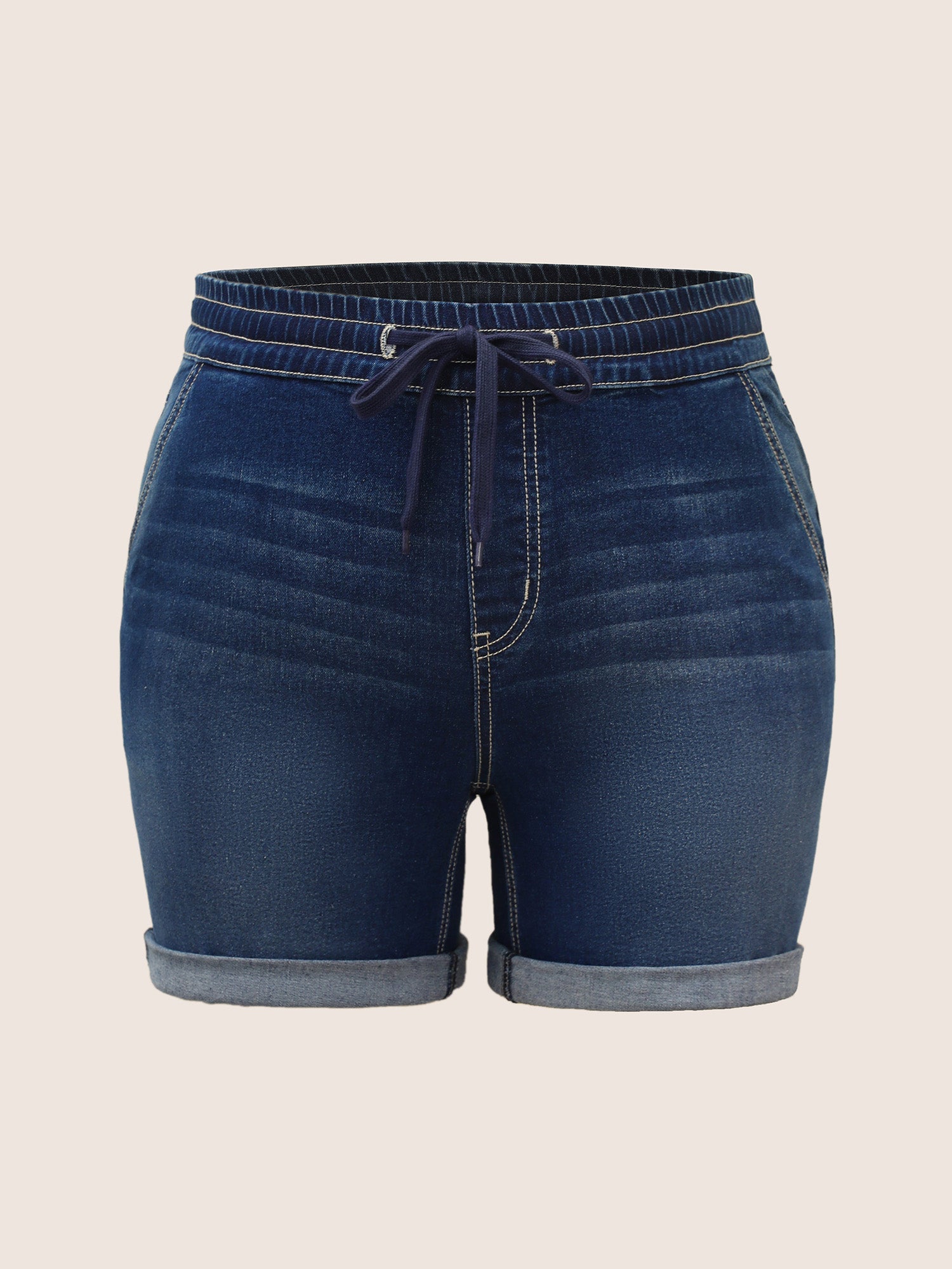 Roll Hem Elastic Waist Drawstring Denim Shorts