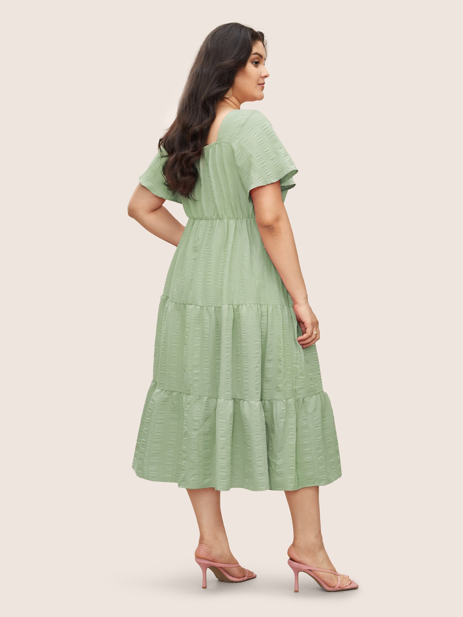 Plain Ruched Drawstring Pocket Ruffle Tiered Dress