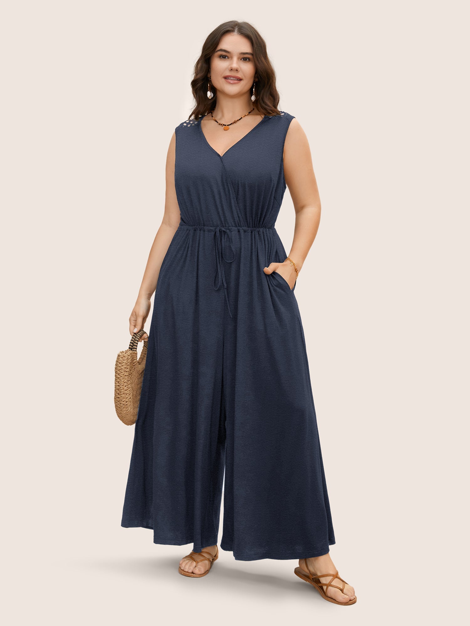 V Neck Crocheted Cut Out Jumpsuit
