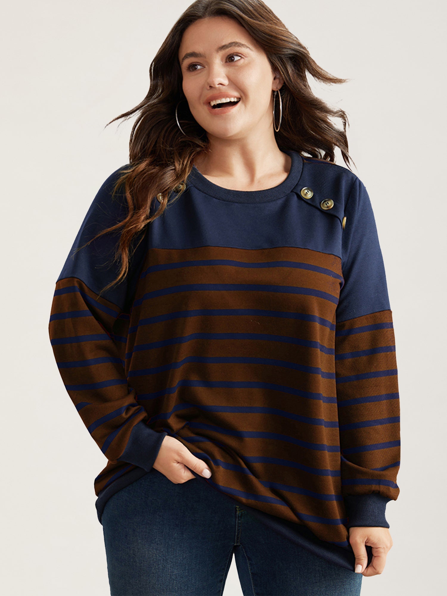 Striped Patchwork Button Detail Sweatshirt