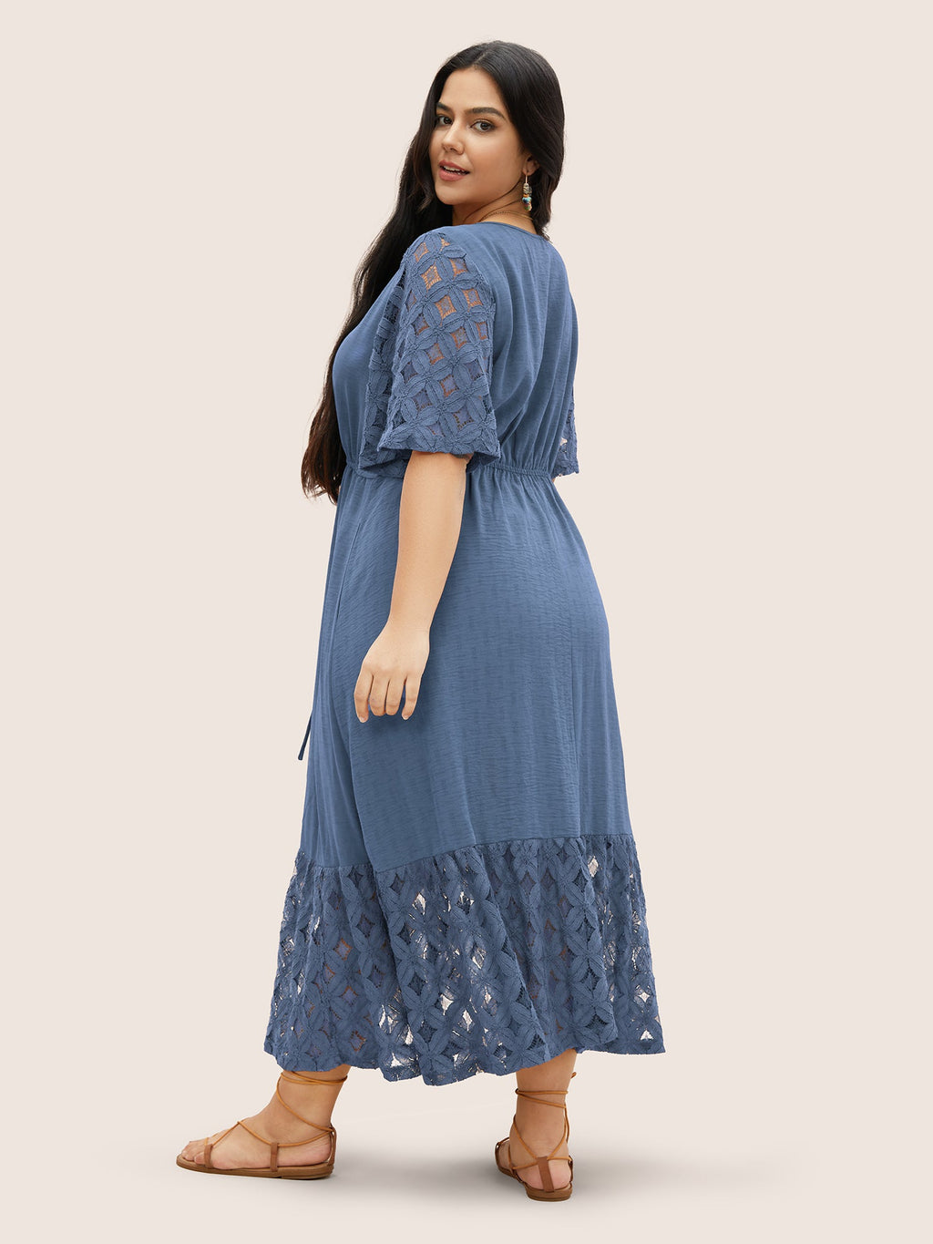 Crochet Lace Mesh Button Detail Drawstring Dress
