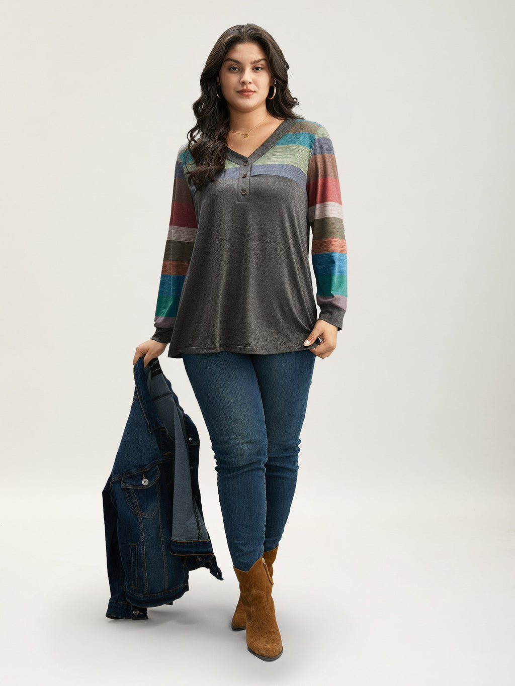 Colorblock Contrast V Neck Button Up T-shirt