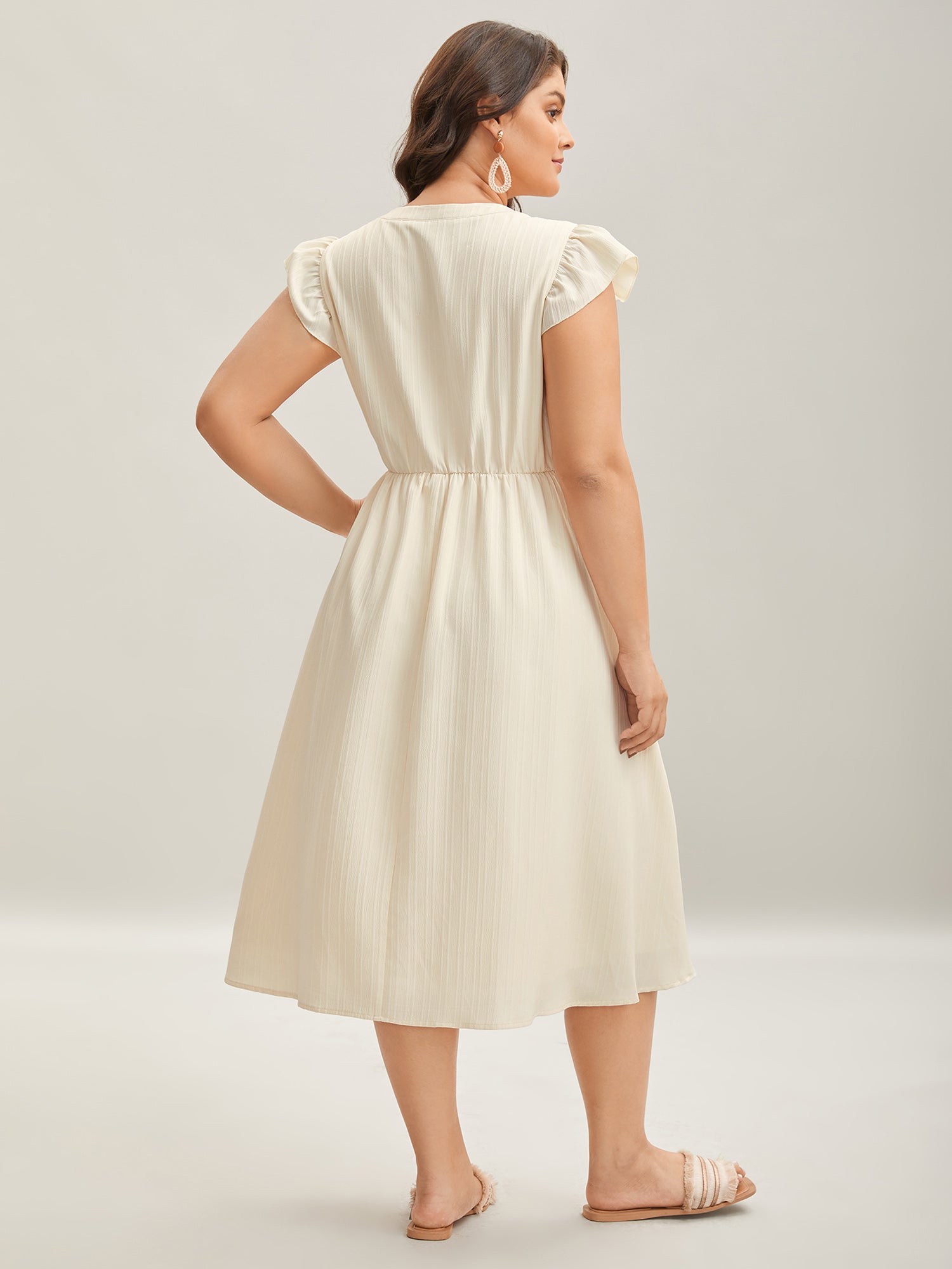Notched Collar Spliced Pockets Midi Dress