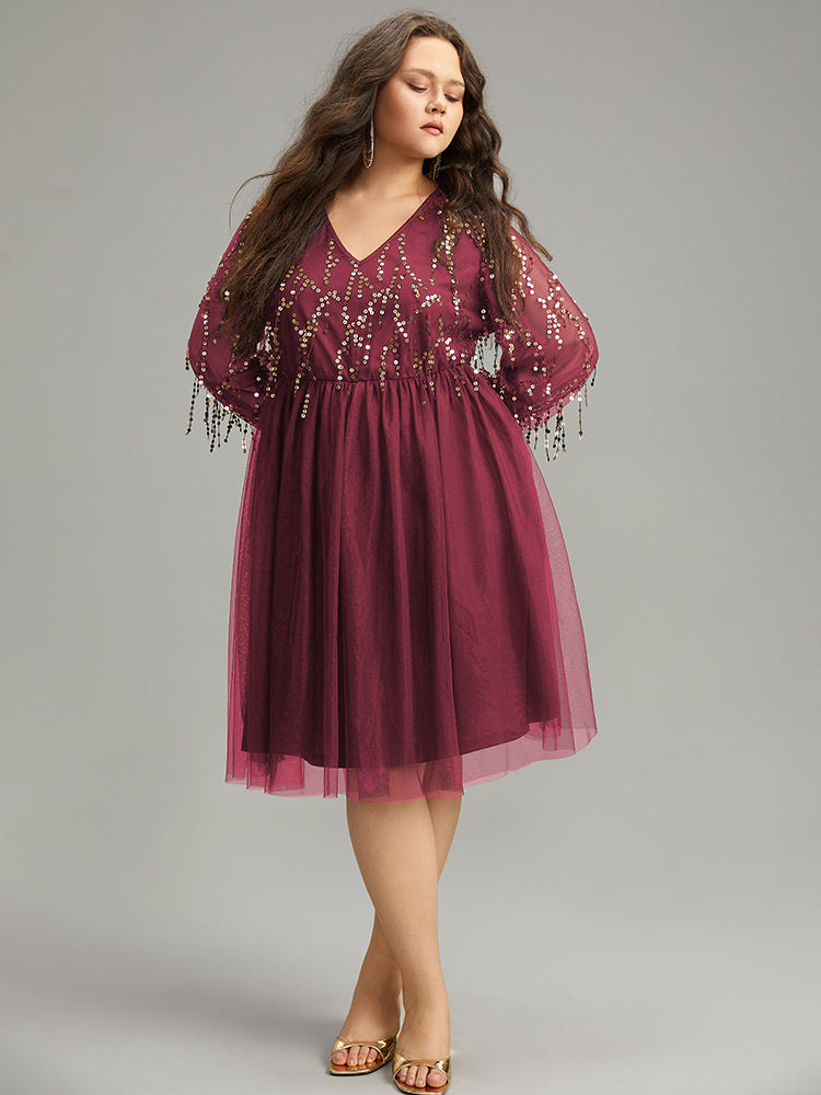 Sequin Mesh Patchwork Tassel Dress