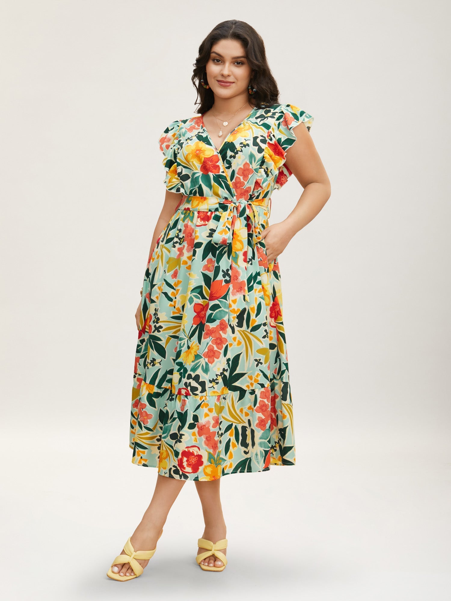 Floral Wrap Patchwork Ruffle Cap Sleeve Dress