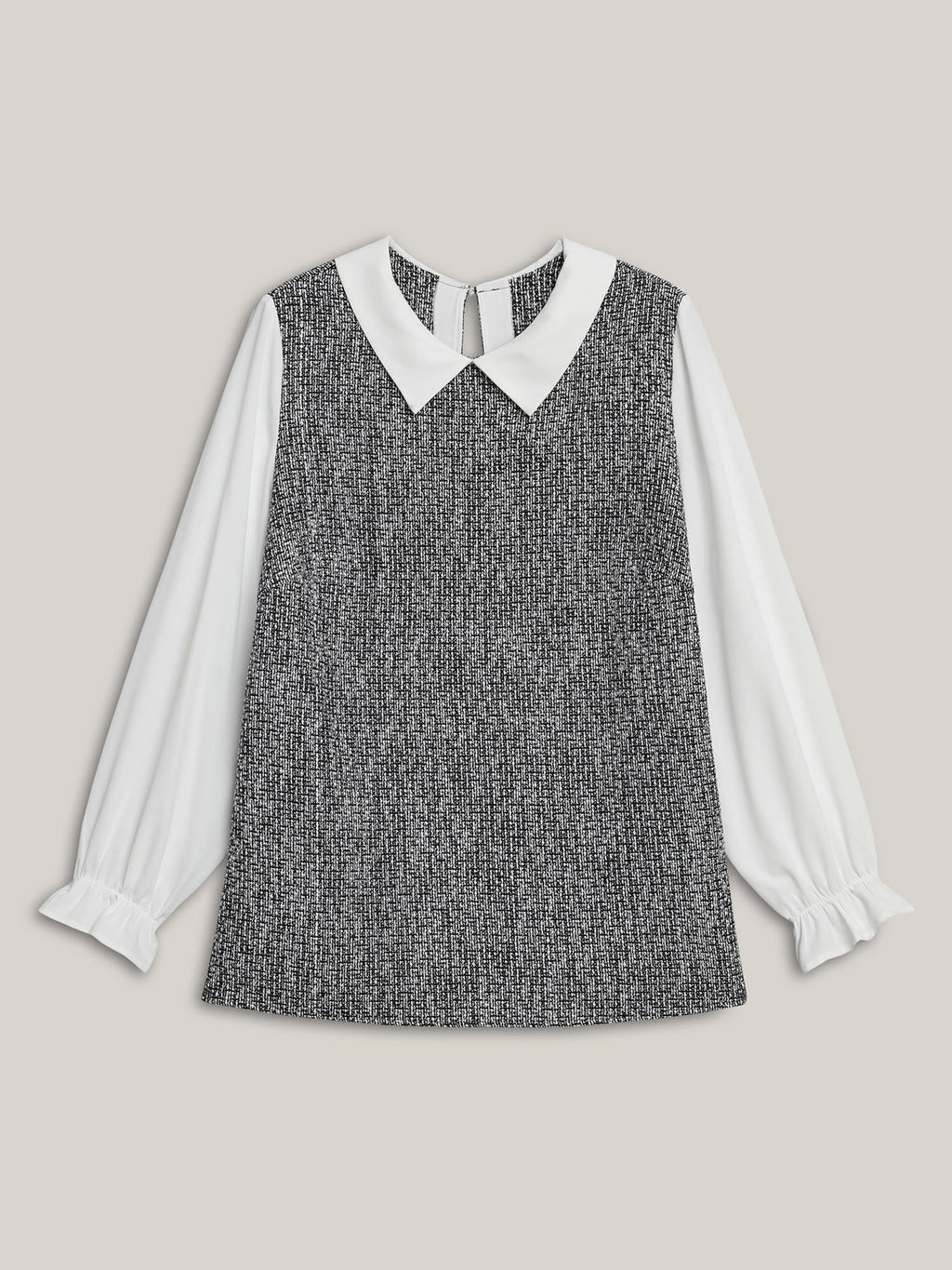 Tweed Patchwork Lantern Sleeve Blouse