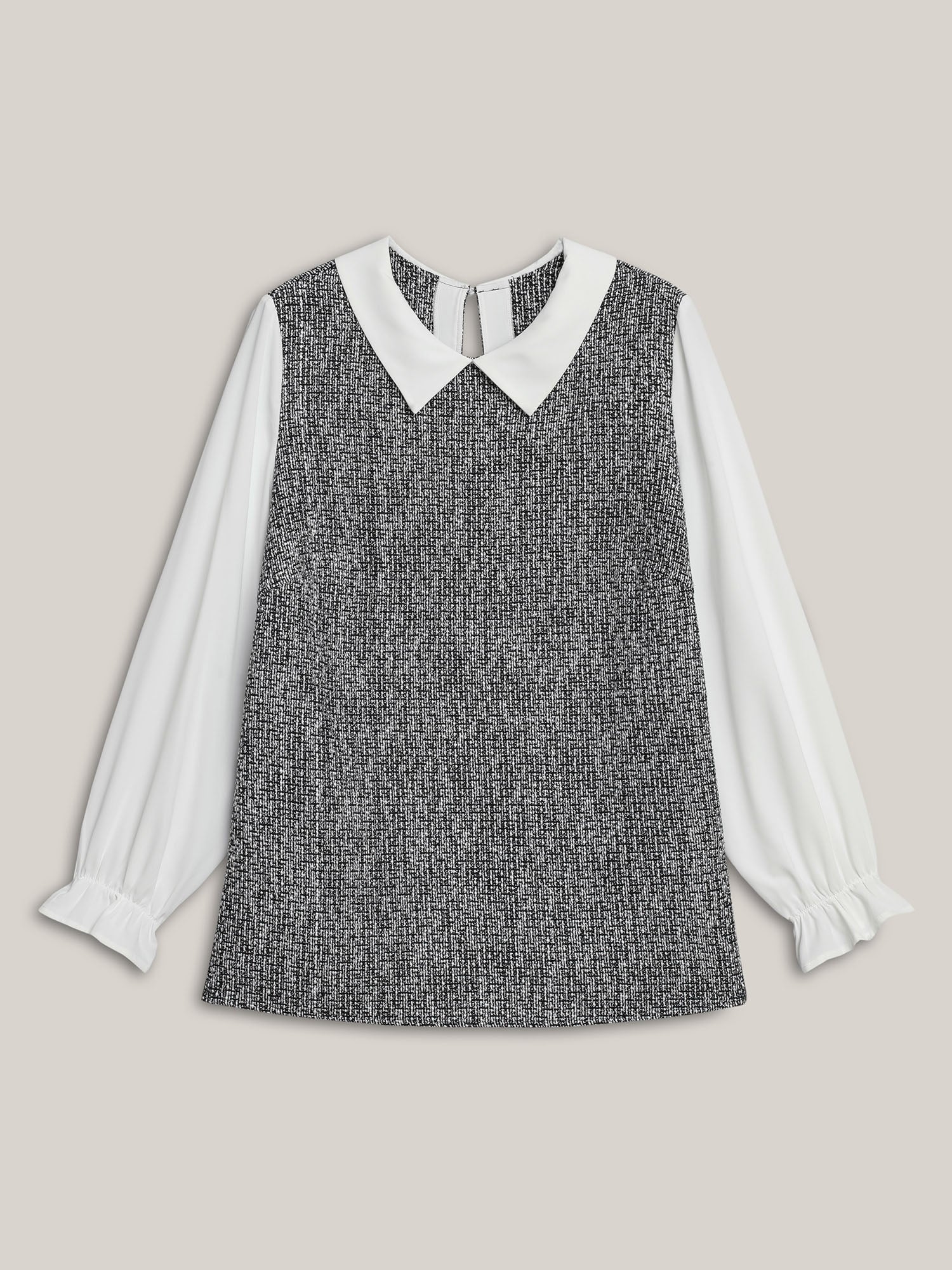 Tweed Patchwork Lantern Sleeve Blouse