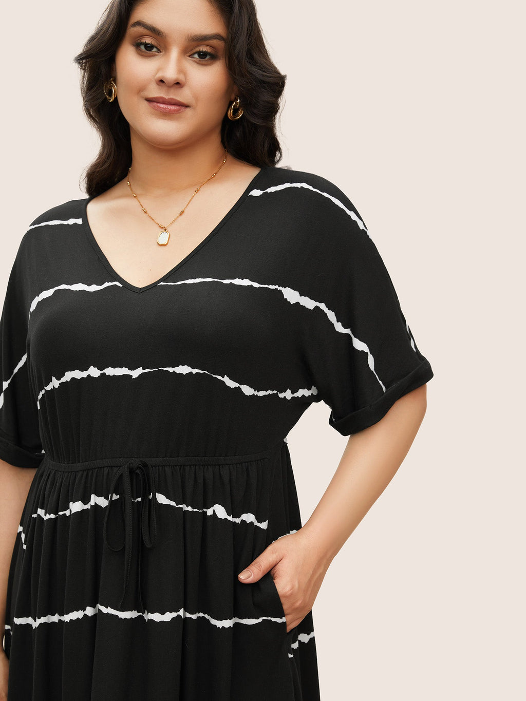 Tie Dye Roll Dolman Sleeve Pocket Gathered Knot Striped Dress