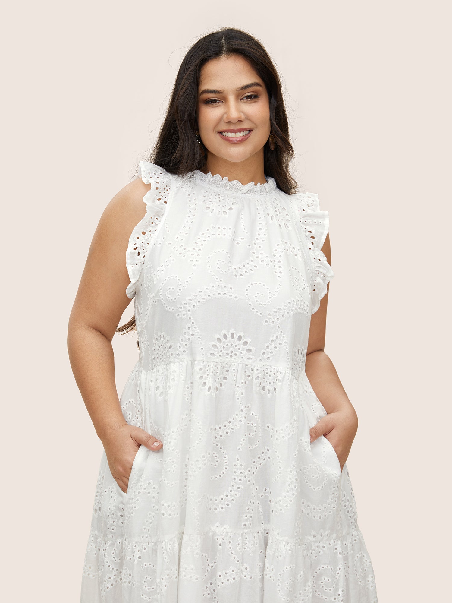 Mock Neck Broderie Anglaise Ruffle Trim Dress
