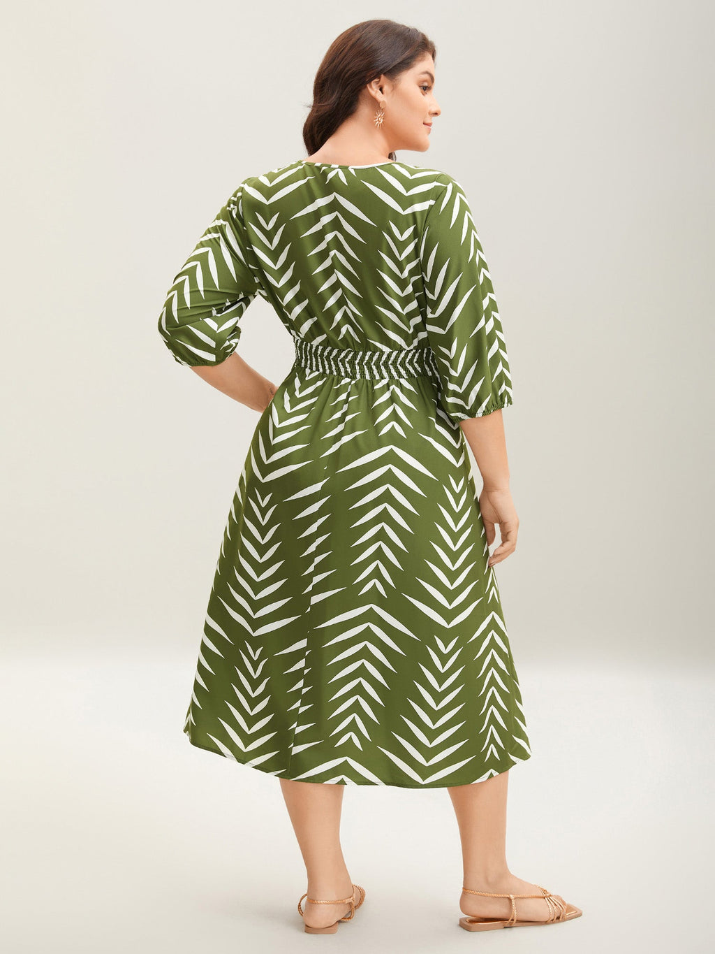 Tree Print Wrap Shirred Pockets Midi Dress