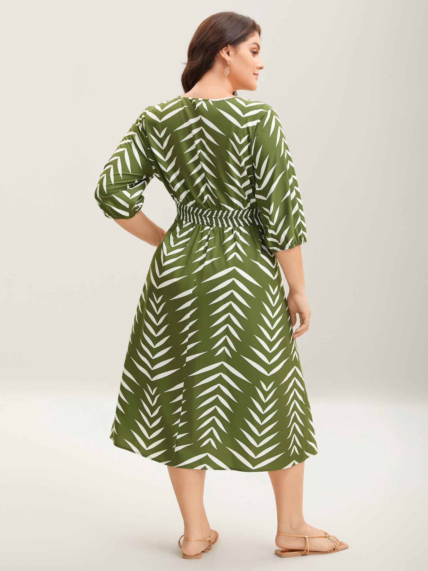 Tree Print Wrap Shirred Pockets Midi Dress