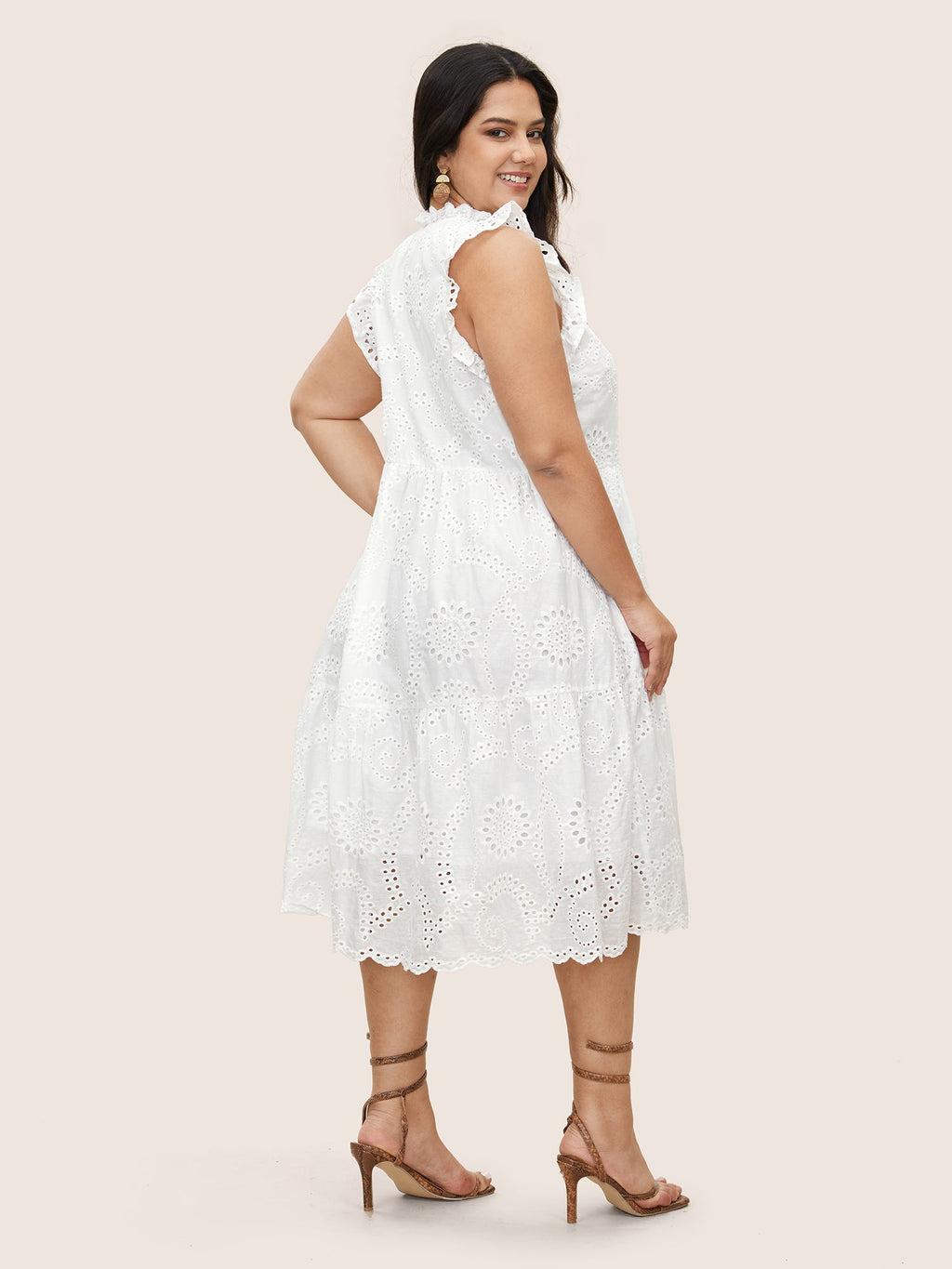 Mock Neck Broderie Anglaise Ruffle Trim Dress