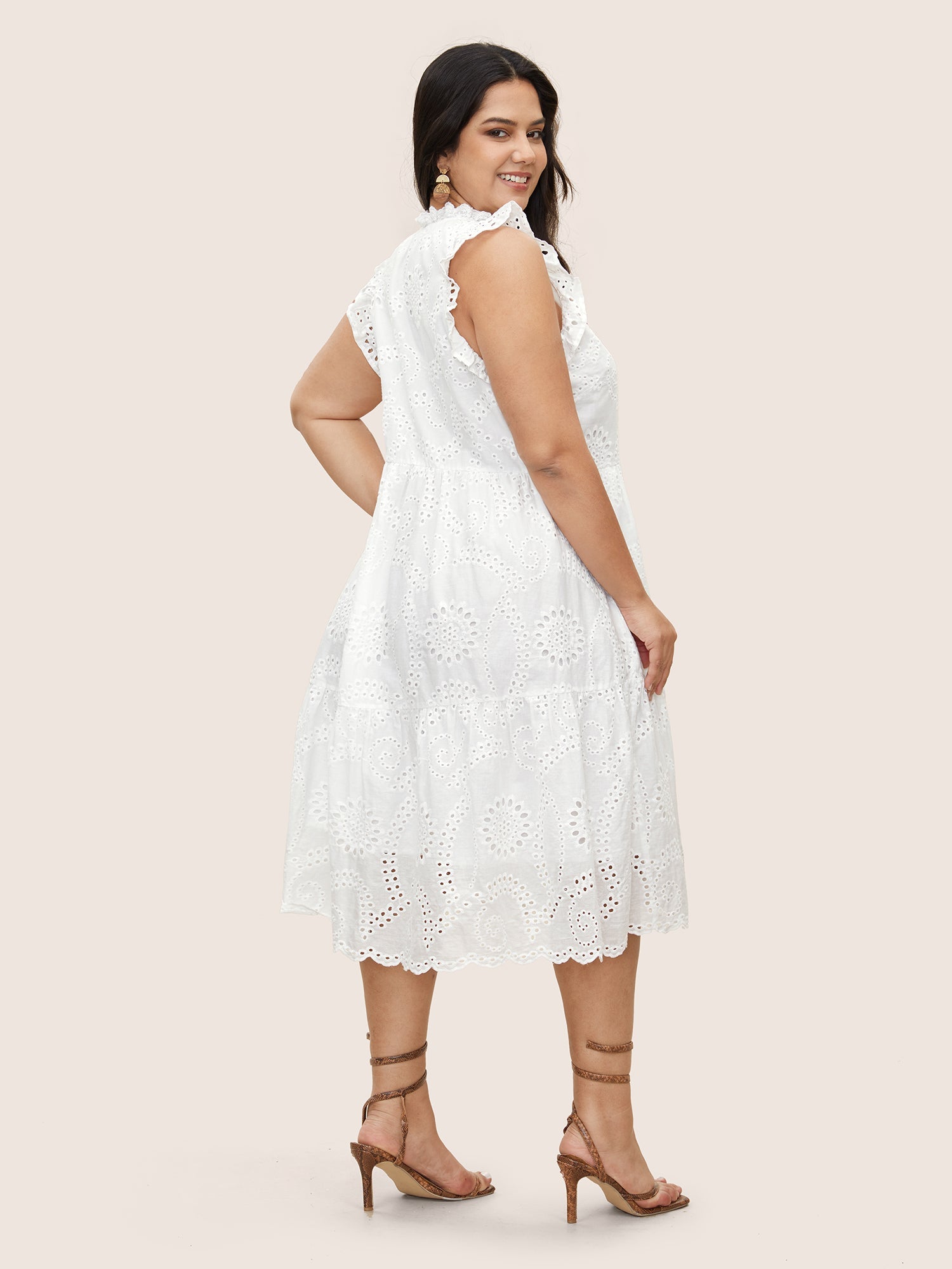 Mock Neck Broderie Anglaise Ruffle Trim Dress
