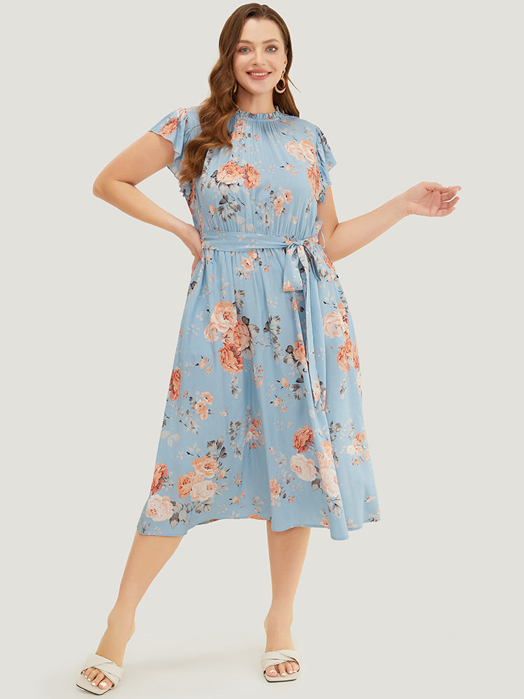 Floral Frill Trim Mock Neck Pocket Ruffle Belted Cap Sleeve Dress